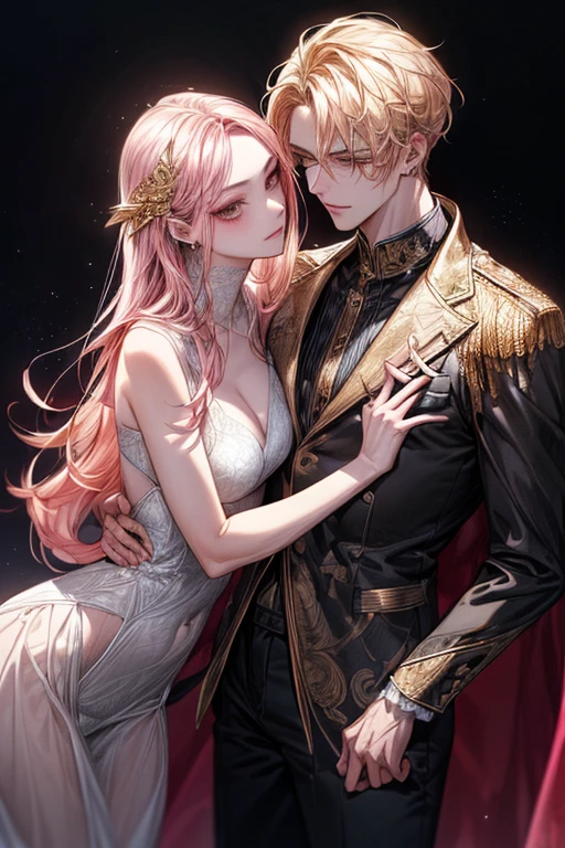 ((1male people:Piercing in the left ear,、((Golden hair))、tall、tall、Tall、a handsome、refreshing、burly))、((1female:Pink hair、Long、short、Best style、F-cup、see-through sexy dress、Beautuful Women))、(((a couple、Flirting)))、{(Best Quality, 8K, masutepiece, nffsw, Soft lighting, image perfect, Digital Illustration, manhwa art, super detailed image, Perfect lines, Realistic)}