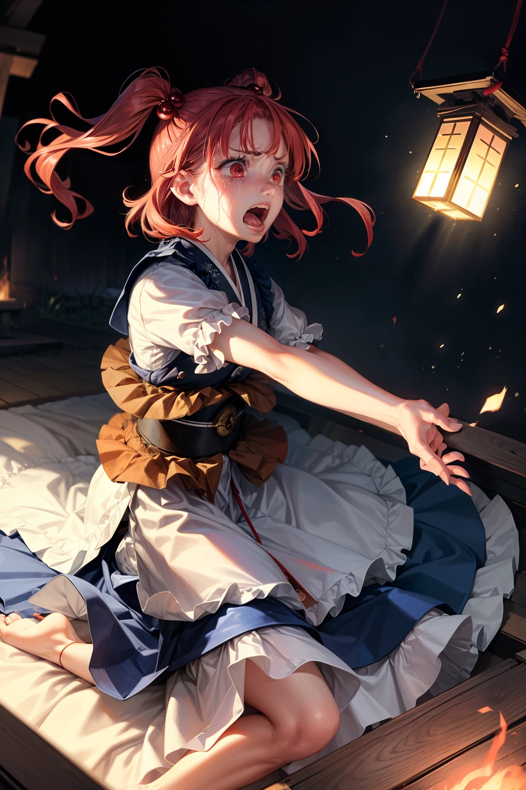 (masterpiece, top quality, best quality, beautiful and aesthetic:1.2), onozuka komachi, 1girl,red eyes, hair bobbles, red hair, two side up, short sleeves, puffy sleeves, sash, obi,tabi, blue dress, japanese architecture, surprised, :o, beam, laser, glaring body, open box, box, open mouth, jaw drop, wide-eyed, panicking, horrified, screaming, sobbing, traumatized, turn pale, wavy mouth, glowing, glow, outer glow