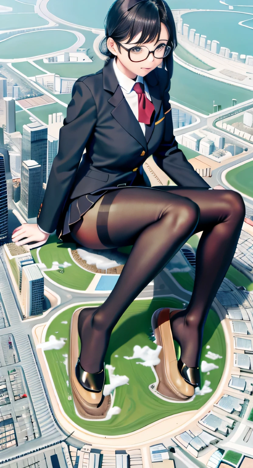 giantess art, a hyperrealistic schoolgirl, 非常に詳細なder rieseショット, der riese, Shorthair, Black pantyhose, a huge high school girl、'It's much bigger than a skyscraper, Wearing rimless glasses, Colossal tits, Navy blue blazer, Red tie, Mini Length Skirt, Black pantyhose, I'm not wearing shoes., very small metropolis, miniature metropolis, 足元までの高さしかないminiature metropolisで、squatting and urinating, The city is a sea of urine, tsunami of urine, Small trains and cars are washed away with urine., Full body depiction, nffsw, Giga Giants, Black pantyhose, Pantyhose legs, Pantyhose feet, ,Stomping City,crash city,Small town,micro city, Peeing,