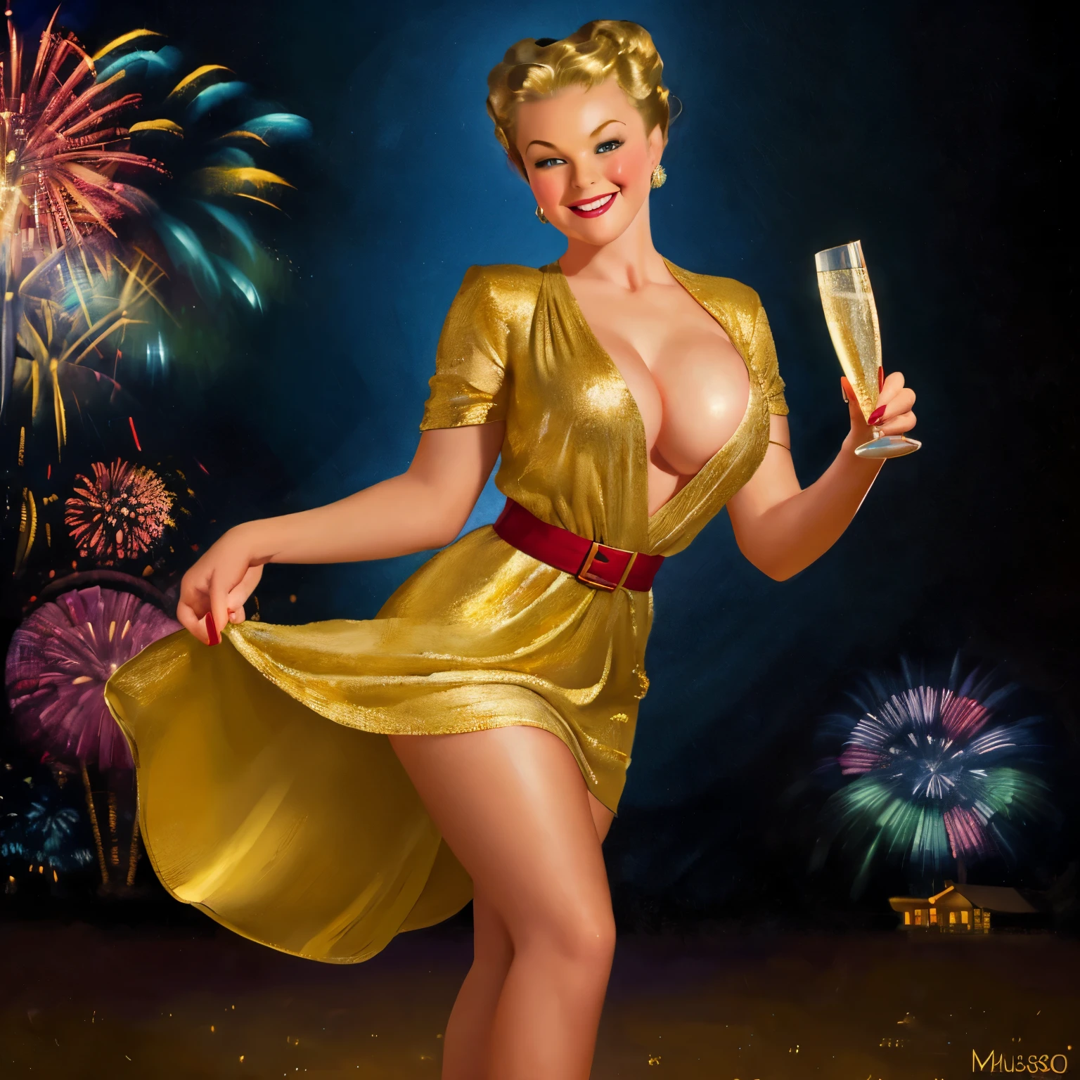 nsfw, photorealistic, beautiful face, (masterpiece:1.4), (best quality:1.4), extremely detailed, hyper-detailed, soft lighting, 45 years old pin-up woman standing in jubilant pose with champagne glass in her hand, big breasts, hard nipples, short blonde hairbun, shaved pubic area, (perfect_face), dressed in a short semitransparent golden dress, high heels , intricate, 4k, detailed_background, full_body, realistic, 8k, sexy, very cheeky smile, very challenging facial expression, dimmed light and a firework in the backround