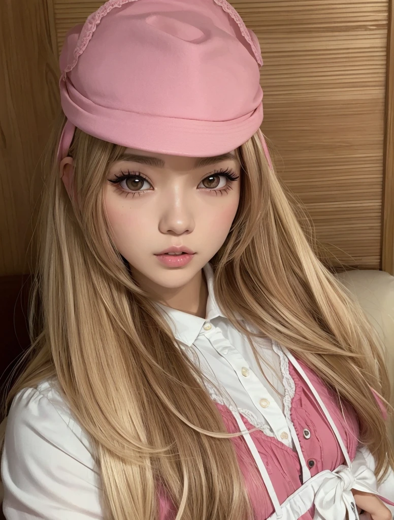 Muchacha con sombrero rosa y camisa blanca, Hermosa Delphine, Portrait of the Japanese gyaru, Chica de anime en la vida real, Linda chica kawaii, con una diadema rosa, Cabello largo y rubio y ojos grandes, Lalisa Manobal, muy hermosa linda catgirl, Lalisa Manoban de Blackpink, Cabello largo y rubio y ojos grandes