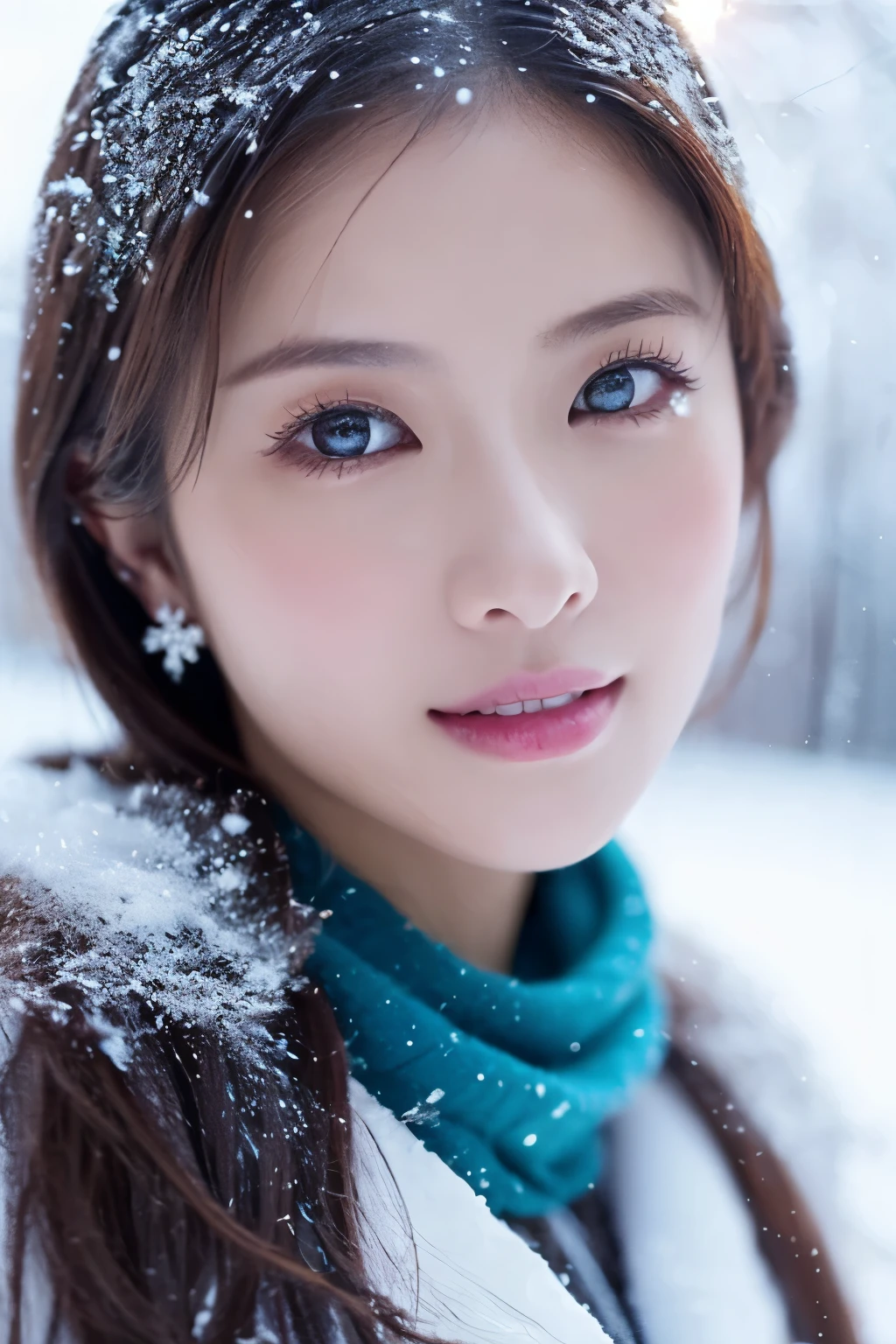 1girl in, (Crystal Costume:1.2), Japanese beautiful actress,
(Raw photo, Best Quality), (Realistic, Photorealsitic:1.4), (masutepiece), photogenic,
Snow Princess, Beautiful detailed eyes, Beautiful detailed lips, extremely detailed eye and face, long eyelashes,
Snowflake Earrings,
BREAK
(Lapland snow field in winter),
Sparkling snowflakes, ethereal beauty, Swirling snowflakes, Snowy trees々,
Powder snow, snow-capped mountain, Icy breath,
A world full of dazzling light, (Many big snowflakes are falling、It's sparkling.:1.4), Dance of Light,
Blue and silver color scheme, dramatic lighting,
BREAK Perfect Anatomy, Slender body, Small, Medium Hair, Parted bangs, Angel smile,
Crystal-like skin, Clear eyes, catchlight