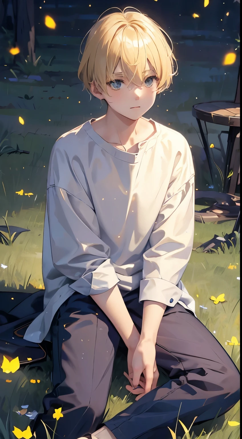 Starry night, field with fireflies, a young guy with sad bright eyes, with blonde hair, in oversized shirt and dark trousers, sitting on the grass, watchin the stars,