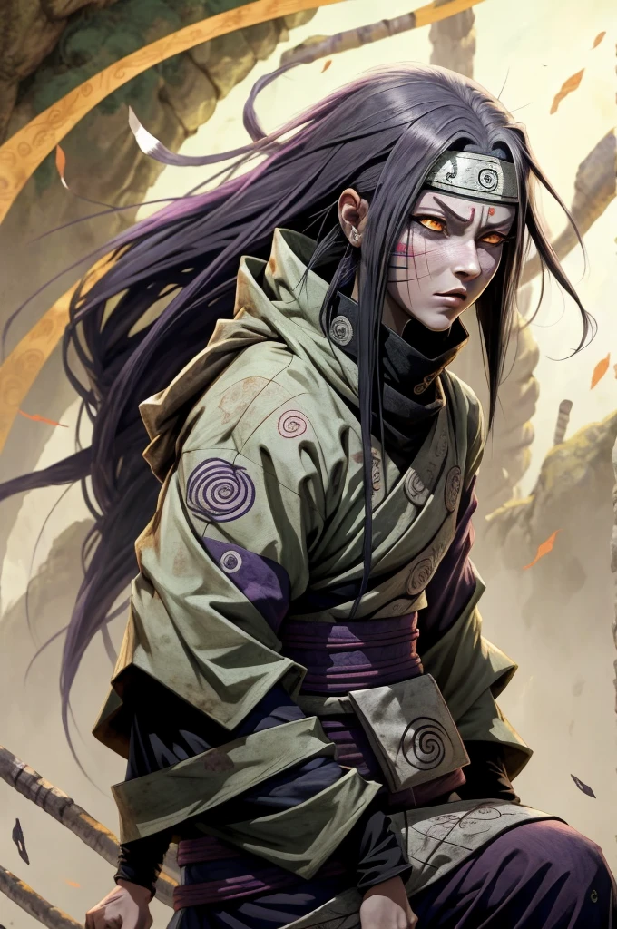 Orochimaru  is a woman , 1st grade, sozinha, Foco feminino, brilhar, olhos amarelos, heterochromatic, looking up at the audience, olhos brilhantes, Cicatrizes, Ninjas, , corpo todo