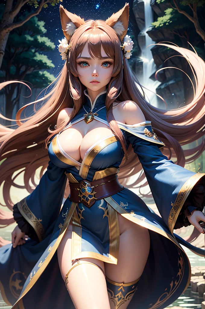masterpiece, high quality, anime girl, sorceress, in battle stance, facing forward, really long brown hair, anime fox ears, big blue eyes, blue ornaments in her hair, skinny, big breasts, cleavage, blue kimono with long wide sleeves and white/ gold details, white lace thigh-high stockings, open legs, cinematic light, trees, waterfall, pink flowers, night sky with stars, white clouds, magic aura surrounding her