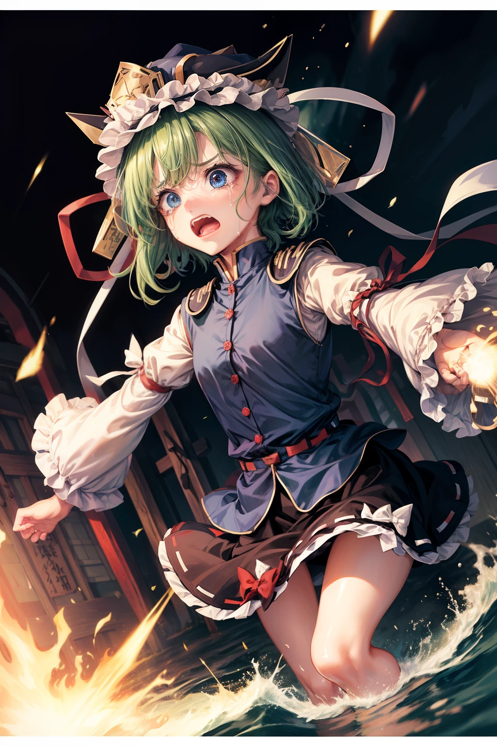 (masterpiece, top quality, best quality, beautiful and aesthetic:1.2), shiki eiki, hat, blue vest,white shirt,black shirt, green hair, short hair,long sleeves, bow, blue eyes,ribbon, red bow, ribbon-trimmed skirt,, japanese architecture, surprised, :o, beam, laser, glaring body, open box, box, open mouth, jaw drop, wide-eyed, panicking, horrified, screaming, sobbing, traumatized, turn pale, wavy mouth, glowing, glow, outer glow