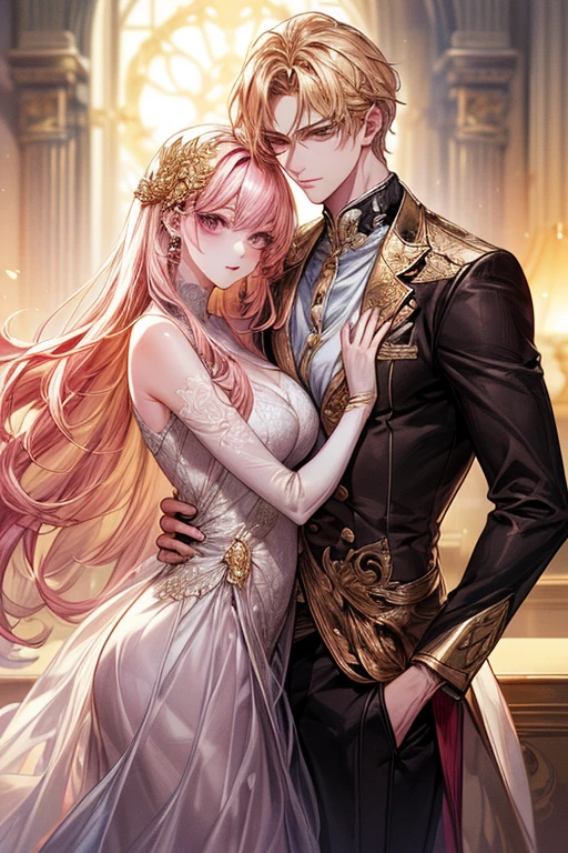 (((1male people:Piercing in the left ear,、((Golden hair))、tall、tall、Tall、a handsome、refreshing、burly)))、(((1female:Pink hair、Long、short、Best style、F-cup、see-through sexy dress、Beautuful Women)))、(((a couple、Flirting)))、{(Best Quality, 8K, masutepiece, nffsw, Soft lighting, image perfect, Digital Illustration, manhwa art, super detailed image, Perfect lines, )}