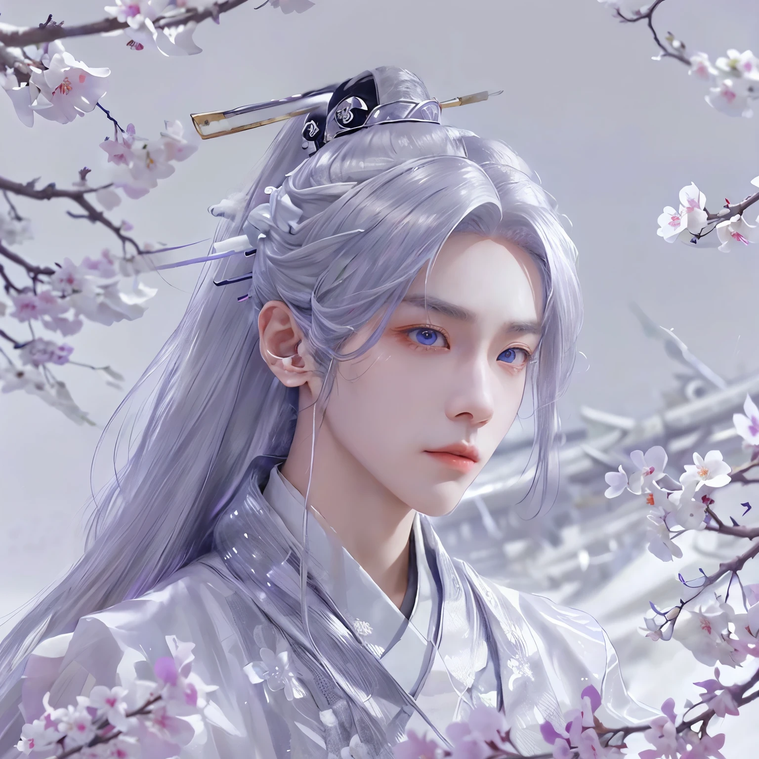 1 man，20yr old，long white hair，High Ponytail，wearing kimonos、manly、Rin々Right、had purple eyes、Inspired by Japanese ukiyo-e、Background with:Moonlit、kyoto、florals
