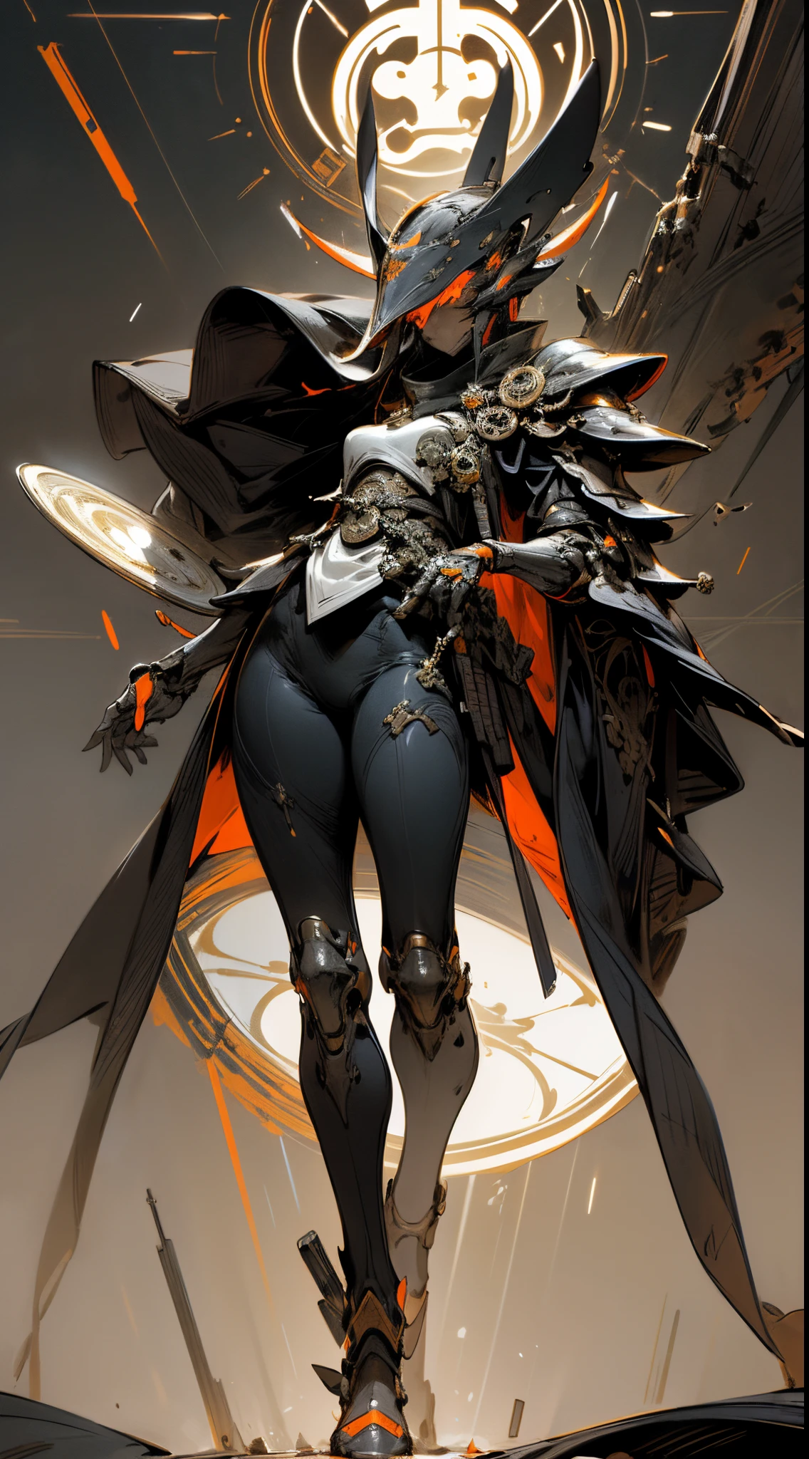 "Create a surreal and detailed image of a futuristic warrior in full body armor. Armor must be smooth and black, Adopts a matte finish and split plate for ease of movement.., Reminiscent of modern tactical equipment fused with ancient ninja costumes. Helmet must completely cover the face, Features a visor that hints at advanced technology. 。The contrast between the dark suit and the red and orange stands out.. In the background, A magnificent gate stands out, Decorated with intricate designs and luminescence。, A circular emblem with a soft glow. Even though it's quiet、An atmosphere of immeasurable strength, evoke the calm before the storm."