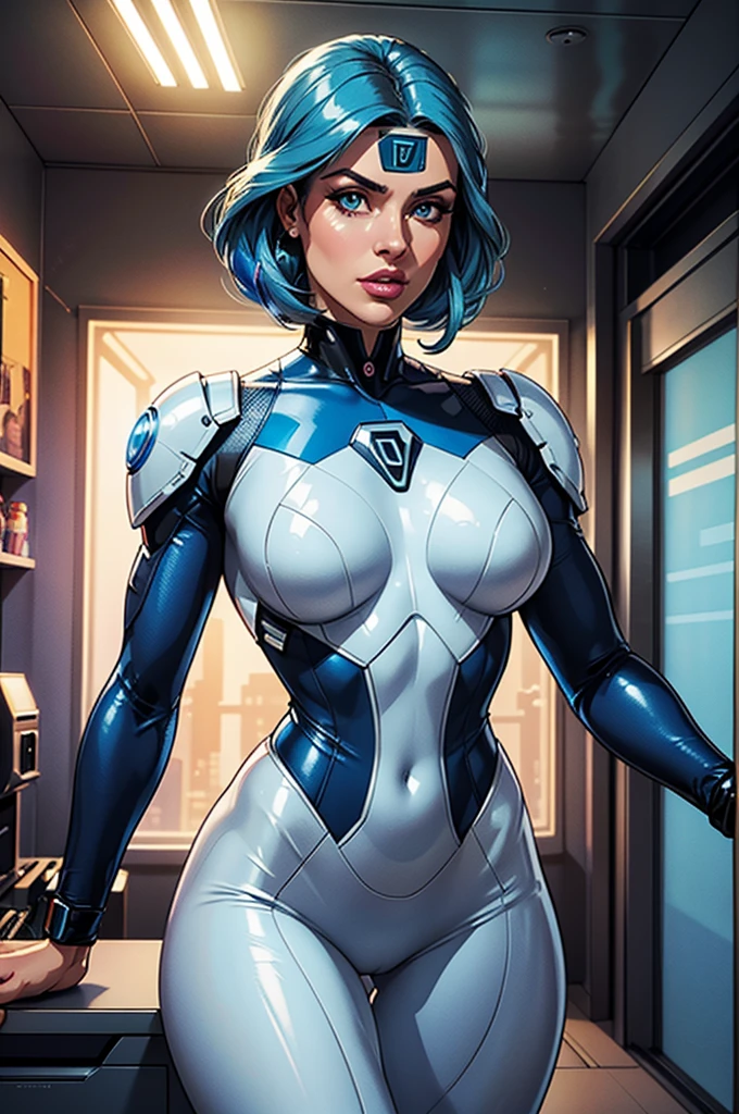 (best quality,8k:1.2,high resolution:1.2),ultra-detalhado,Realistic,science fiction female superhero,retro futurism,blue hair,belos olhos detalhados,beautiful detailed lips,olhos e rosto extremamente detalhados,long eyelashes,transparent beige latex micro dress,Apertado,transparent tights,Shiny Metal Accessories,fundo branco neutro,profissional,vivid colors,Physically-based rendering,foco nítido,studio lighting,artistas conceituais