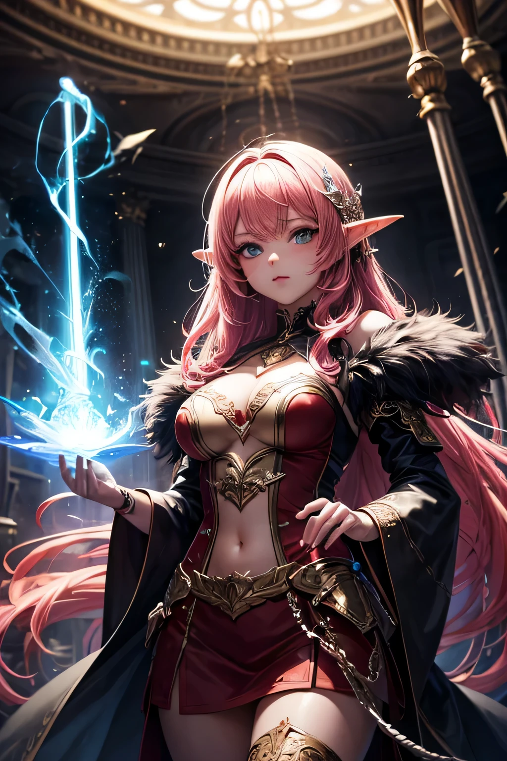 high quality fantasy anime photography, elven sorceress girl casting black energy streak with black light fragments, shooting enemy, emitting from glowing vertical magic circle in front of her magic staff, beautiful face, beautiful eyes, pink hair, highly detailed, vibrant appearance, creative behavior, extremly detailed, imaginative, , spontaneous, highest quality, skin texture, intricate details, (cinematic lighting), RAW photo, 8k, masterpiece,best quality,ultra-detailed,very detailed illustrations,extremely detailed,intricate details,highres,super complex details,extremely detailed 8k cg wallpaper,