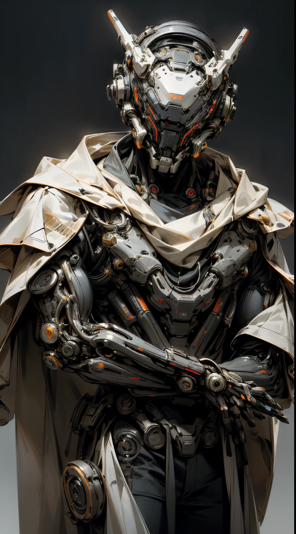 robot, cyborg,((The face is humanoid)),Shiny metal skin,Mechanical body parts,Mechanical gears and gears, (devoid of mouth), [Meticulous, Surgical precision],Cyberpunk style background,Science fiction art style,Vibrant colors,High-res,Ultra-detailed,Realistic lighting effects,Bokeh, wearing white robes and cloak, divine pose, two bright eyes, in the style of an Exo from Destiny,