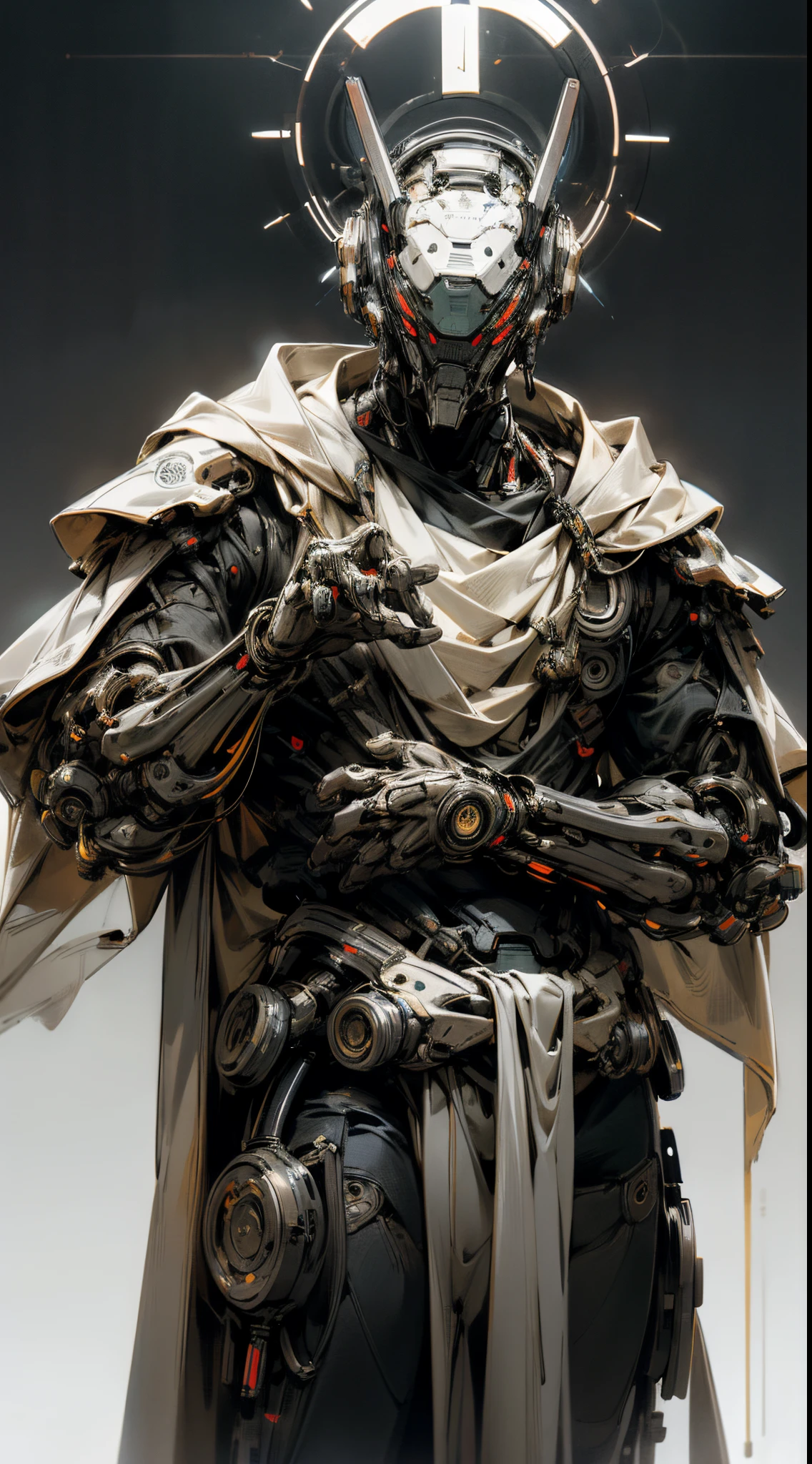 robot, cyborg,((The face is humanoid)),Shiny metal skin,Mechanical body parts,Mechanical gears and gears, (devoid of mouth), [Meticulous, Surgical precision],Cyberpunk style background,Science fiction art style,Vibrant colors,High-res,Ultra-detailed,Realistic lighting effects,Bokeh, wearing white robes and cloak, divine pose, two bright eyes, in the style of an Exo from Destiny,