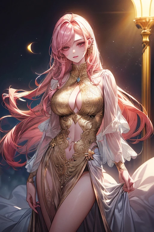 (((1male people：Piercing in the left ear,、((Golden hair))、tall、tall、Tall、a handsome、refreshing、burly)))、(((1female：Pink hair、Long、short、Best style、F-cup、see-through sexy dress、Beautuful Women)))、(((a couple、Flirting)))、{(Best Quality, 8K, masutepiece, nffsw, Soft lighting, image perfect, Digital Illustration, manhwa art, super detailed image, Perfect lines, )}、The most beautiful in the world