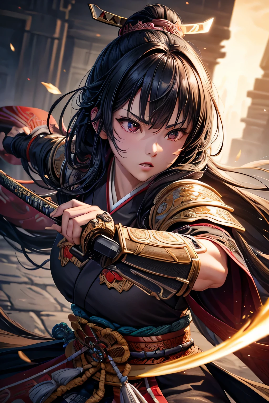 1girl, ancient shogun warrior, heavy ancient shogun armor, wielding a katana, combat stance, mean look, highly detailed, vibrant appearance, creative behavior, extremly detailed, imaginative, , spontaneous, highest quality, skin texture, intricate details, (cinematic lighting), RAW photo, 8k, masterpiece,best quality,ultra-detailed,very detailed illustrations,extremely detailed,intricate details,highres,super complex details,extremely detailed 8k cg wallpaper,