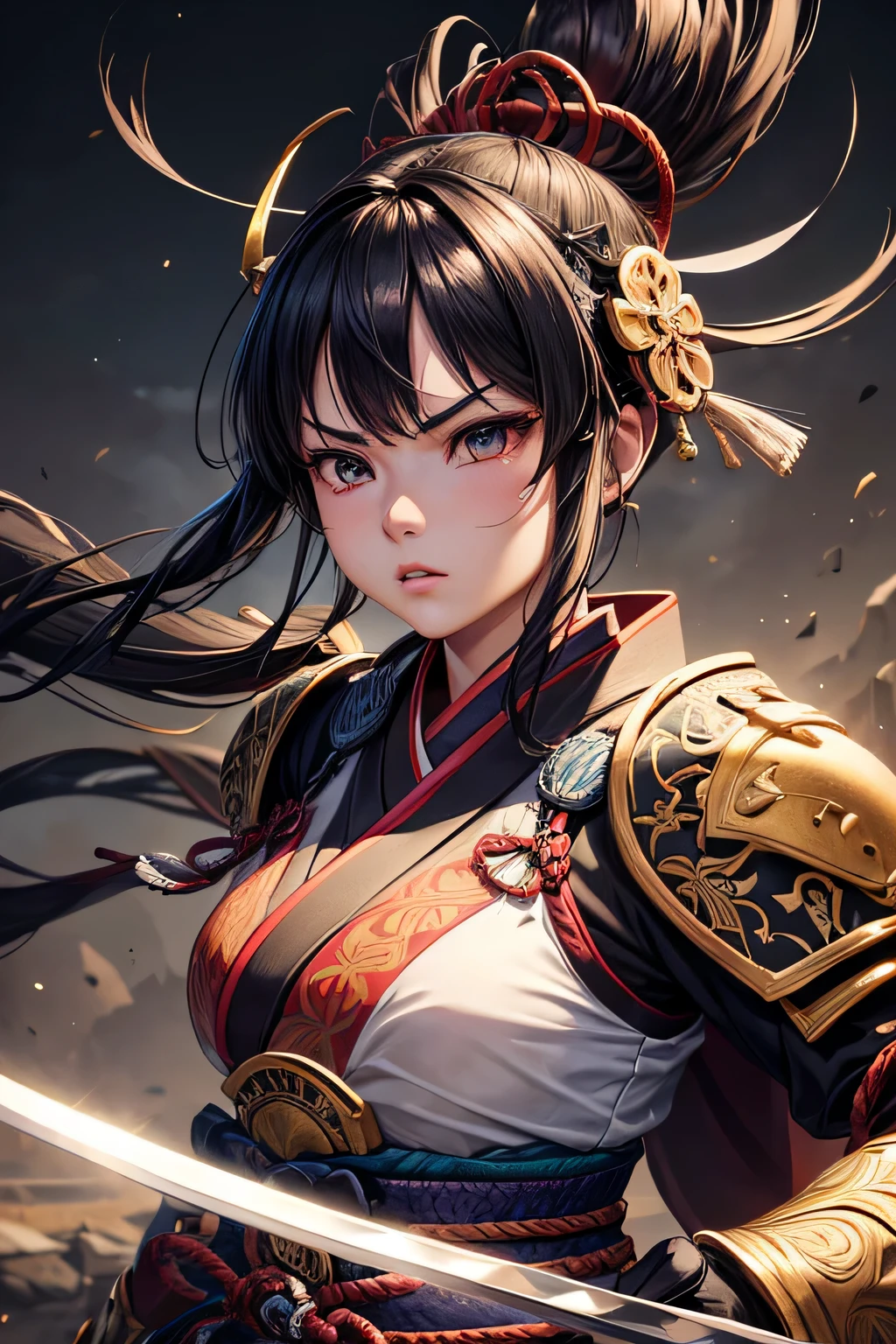 1girl, ancient shogun warrior, heavy ancient shogun armor, wielding a katana, combat stance, mean look, highly detailed, vibrant appearance, creative behavior, extremly detailed, imaginative, , spontaneous, highest quality, skin texture, intricate details, (cinematic lighting), RAW photo, 8k, masterpiece,best quality,ultra-detailed,very detailed illustrations,extremely detailed,intricate details,highres,super complex details,extremely detailed 8k cg wallpaper,