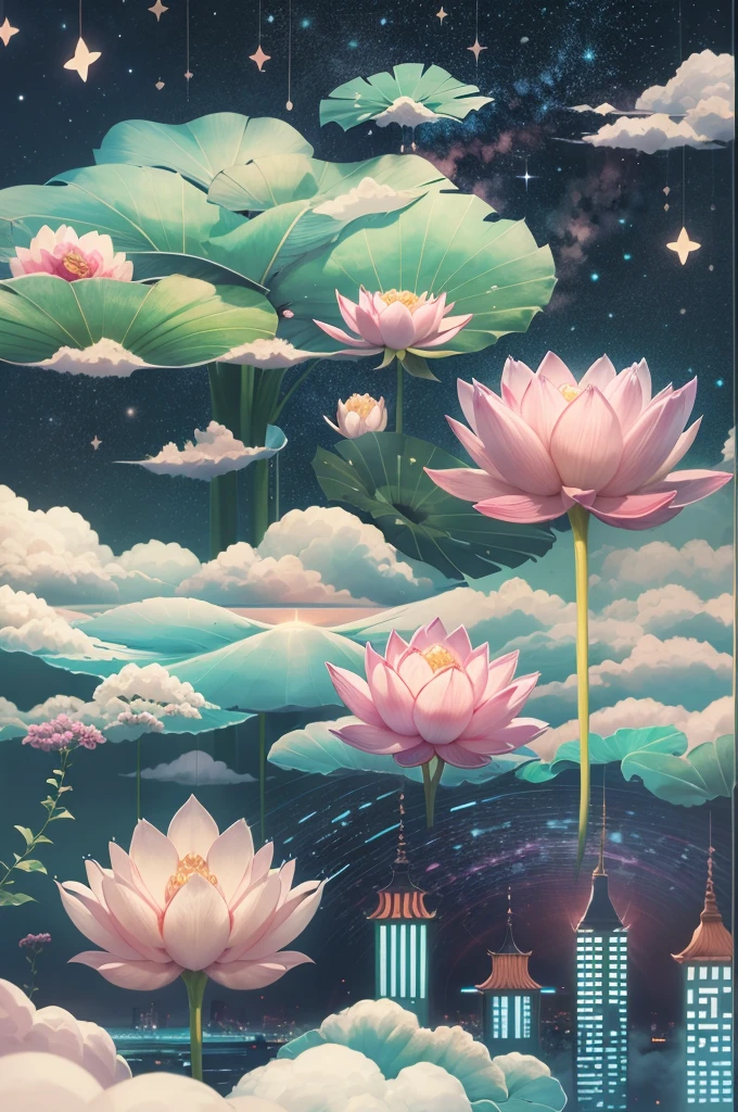 in style of logo design , ,City on the Clouds，lotuses，starrysky，the night，Genesis