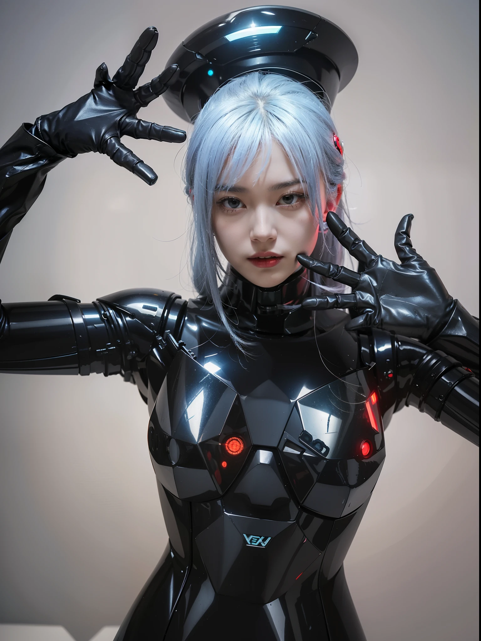 Fantasy cyberpunk world,1 Mechanical Miracle,Robots defend world order;Samurai mechanical armor,Equip transparent weapons,Streamlined black and red design,wearing in black cloak,A big part of a 1-person robot,Art of the highest quality,8K ultra-high resolution,动态照明,cinematic splendor,vivd colour,Wearing a cyberpunk space helmet,Luminous mechanical protective mask,Future high-tech tactical helmet,steel armor,cosmic energy reactor,mirrored image