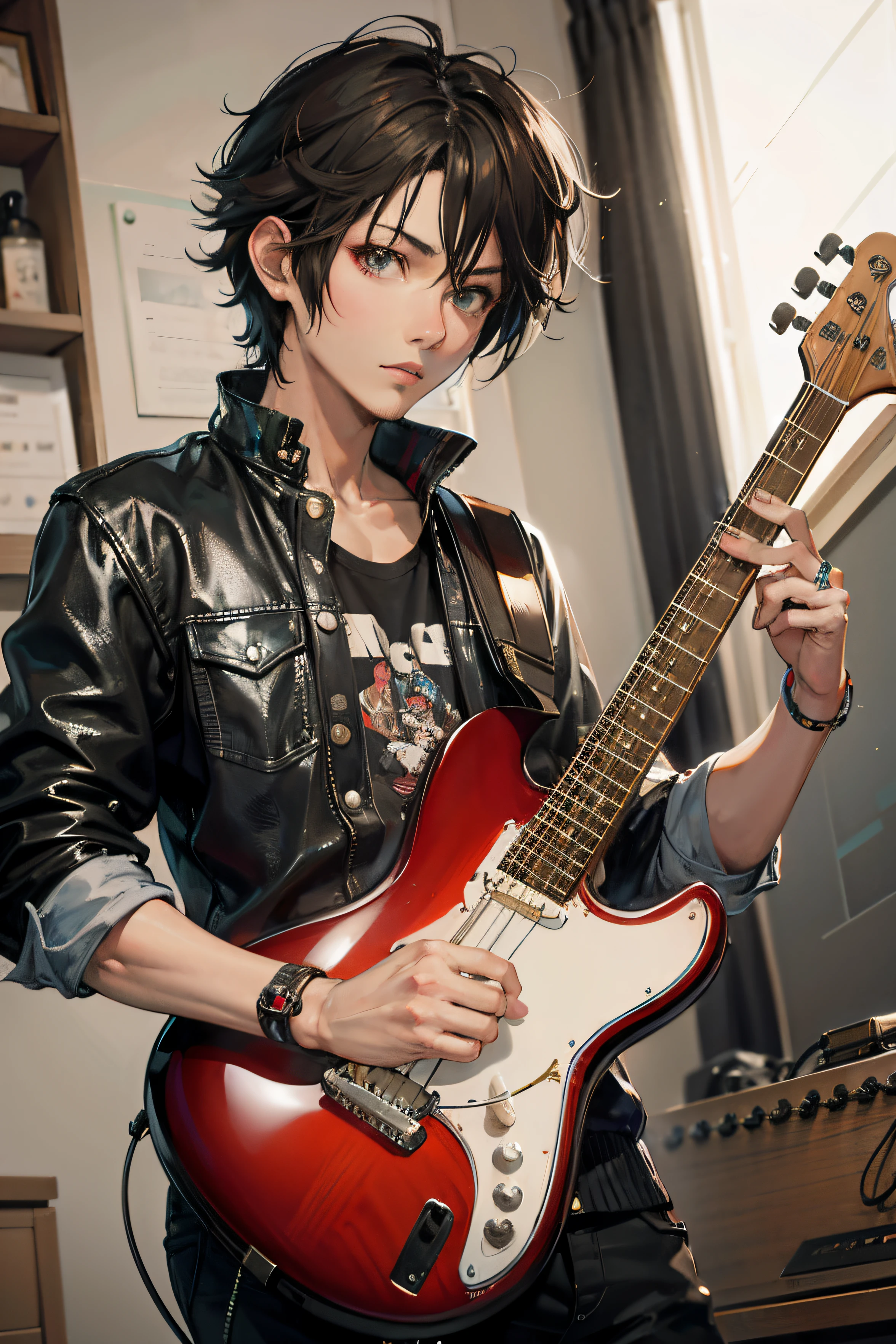 Imagem de um homem com uma guitarra em um quarto, guitarrista, estilo realismo anime, Arte no estilo de Guweiz, inspirado em Yamagata Hiro, realistic anime art style, pose de anime bonito, Estilo anime 3D realista, por Yang J, solo de guitarra, estilo de arte realista, Makoto Shinkai e Artgerm, Hiro