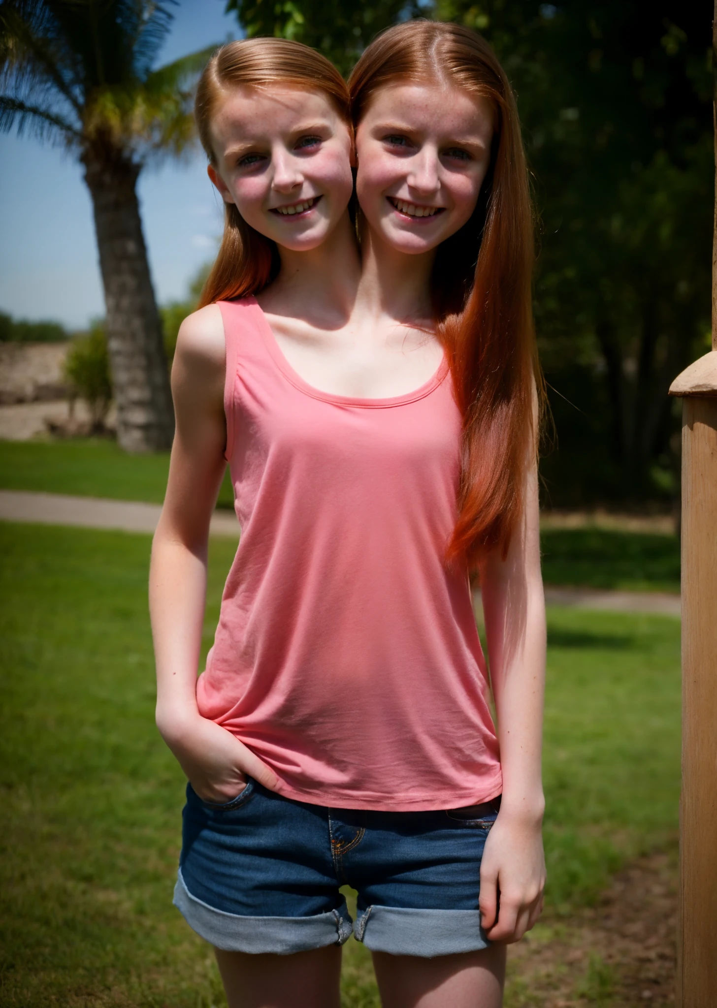 2heads, two headed girl, (a 10 year old girl and a 25 year old woman:1.5), (a brunette and a redhead:1.2), tight shorts and a tight tank top, small breasts