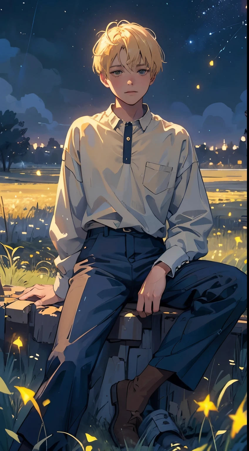 Starry night, field with fireflies, a young men with sad bright eyes, with blonde hair, in oversized shirt and dark trousers, sitting on the grass, watchin the stars,