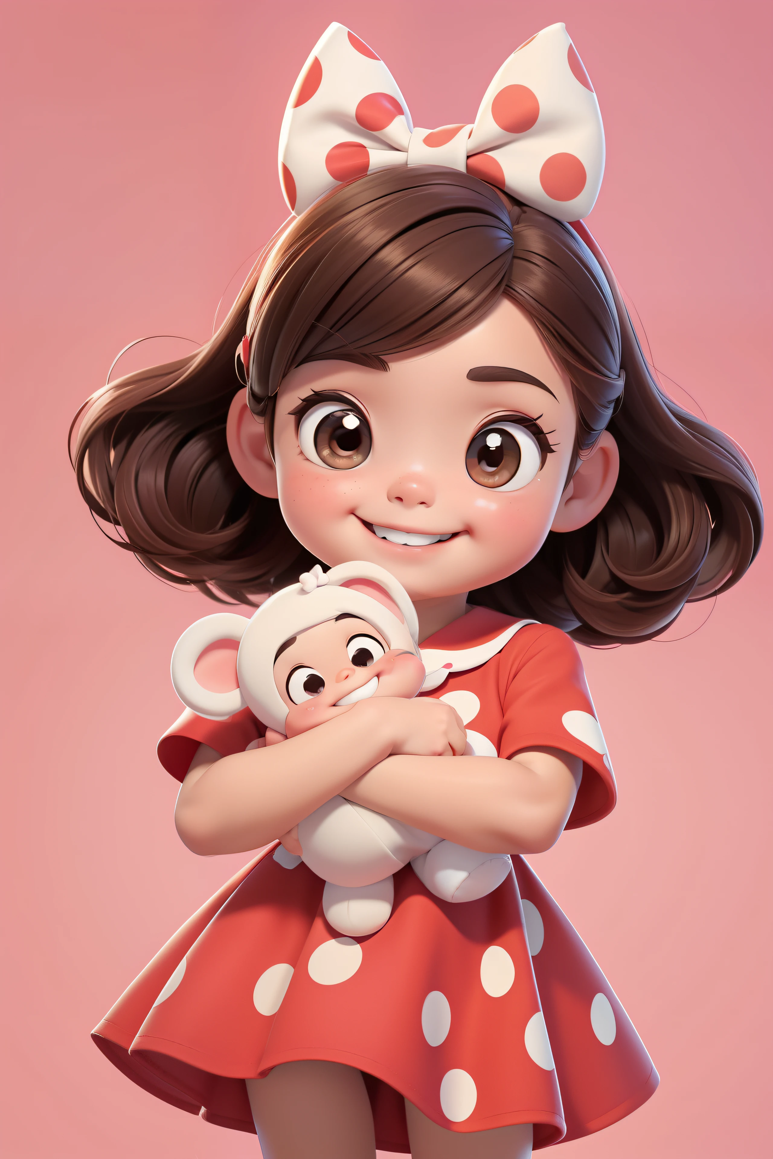 [(An adorable smiling brunette girl :1.2)(Small and cuddly )(pele clara)(Feliz)][(vestindo fantasia inspirada no 'Minnie') , childrens illustration , fundo limpo], wearing a little red dress with white polka dots and a bow in her hair, corpo inteiro, usando um sapatinho preto