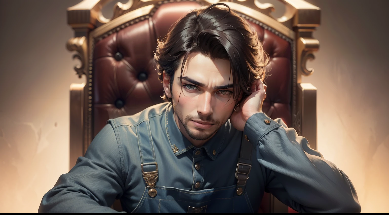 tmasterpiece: 1.2, Best quality), actual, (Authentic images, Complicated details, depth of fields), (1 man, Alone),  perfect lips, The content is very detailed, It's a perfect face, (skin dentition),  throne behind background, Various hero poses，Wear overalls，looking at the camera in