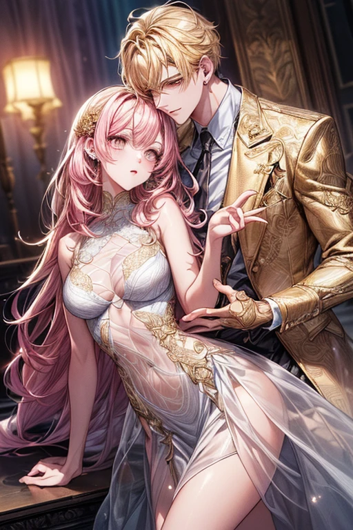 (((1male people：Piercing in the left ear,、((Golden hair))、tall、tall、Tall、a handsome、refreshing、burly)))、(((1female：Pink hair、Long、short、Best style、F-cup、see-through sexy dress、Beautuful Women)))、((((a couple、Flirting))))、{(Best Quality, 8K, masutepiece, nffsw, Soft lighting, image perfect, Digital Illustration, manhwa art, super detailed image, Perfect lines, )}