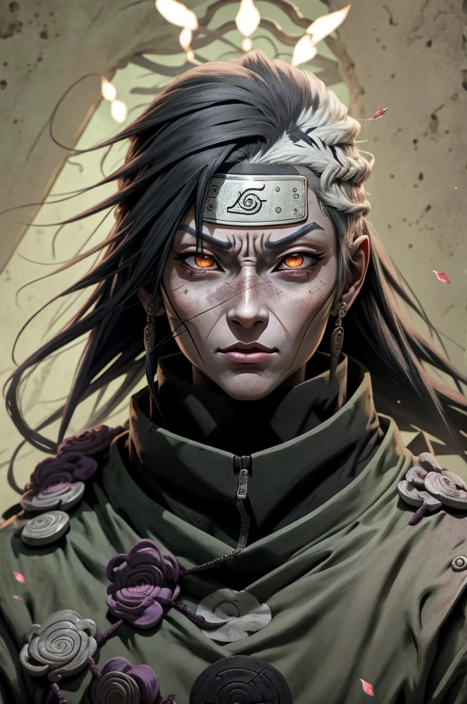 {-erro_de_anatomia:1.0} Orochimaru  is a woman , 1st grade, sozinha, Foco feminino, brilhar, olhos amarelos, heterochromatic, looking up at the audience, olhos brilhantes, Cicatrizes, Ninjas, , corpo todo