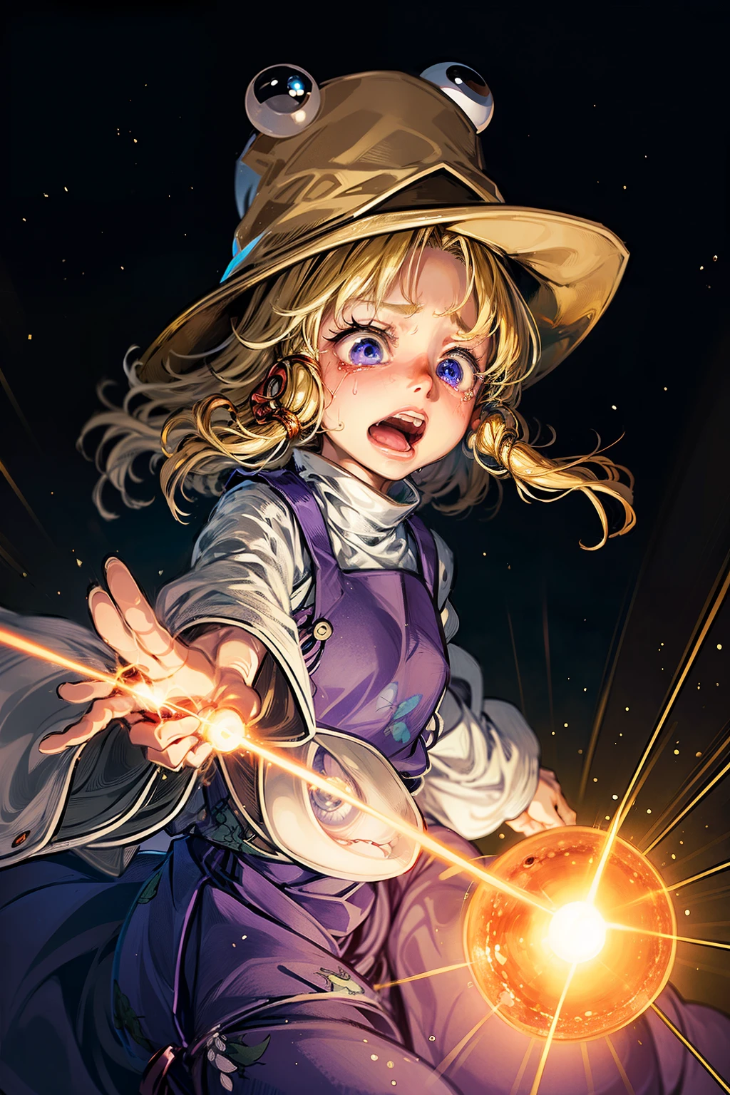 (masterpiece, top quality, best quality, beautiful and aesthetic:1.2), moriya suwakofrog print1girl, hat,blonde hair, white shirt,purple skirt, japanese architecture, surprised, :o, beam, laser, glaring body, open box, box, open mouth, jaw drop, wide-eyed, panicking, horrified, screaming, sobbing, traumatized, turn pale, wavy mouth, glowing, glow, outer glow