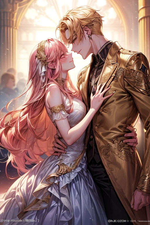 (((1male people：Piercing in the left ear,、((Golden hair))、tall、tall、Tall、a handsome、refreshing、burly)))、(((1female：Pink hair、Long、short、Best style、F-cup、see-through sexy dress、Beautuful Women)))、((((a couple、Flirting))))、{(Best Quality, 8K, masutepiece, nffsw, Soft lighting, image perfect, Digital Illustration, manhwa art, super detailed image, Perfect lines, )}、the kiss、the kiss、the kiss