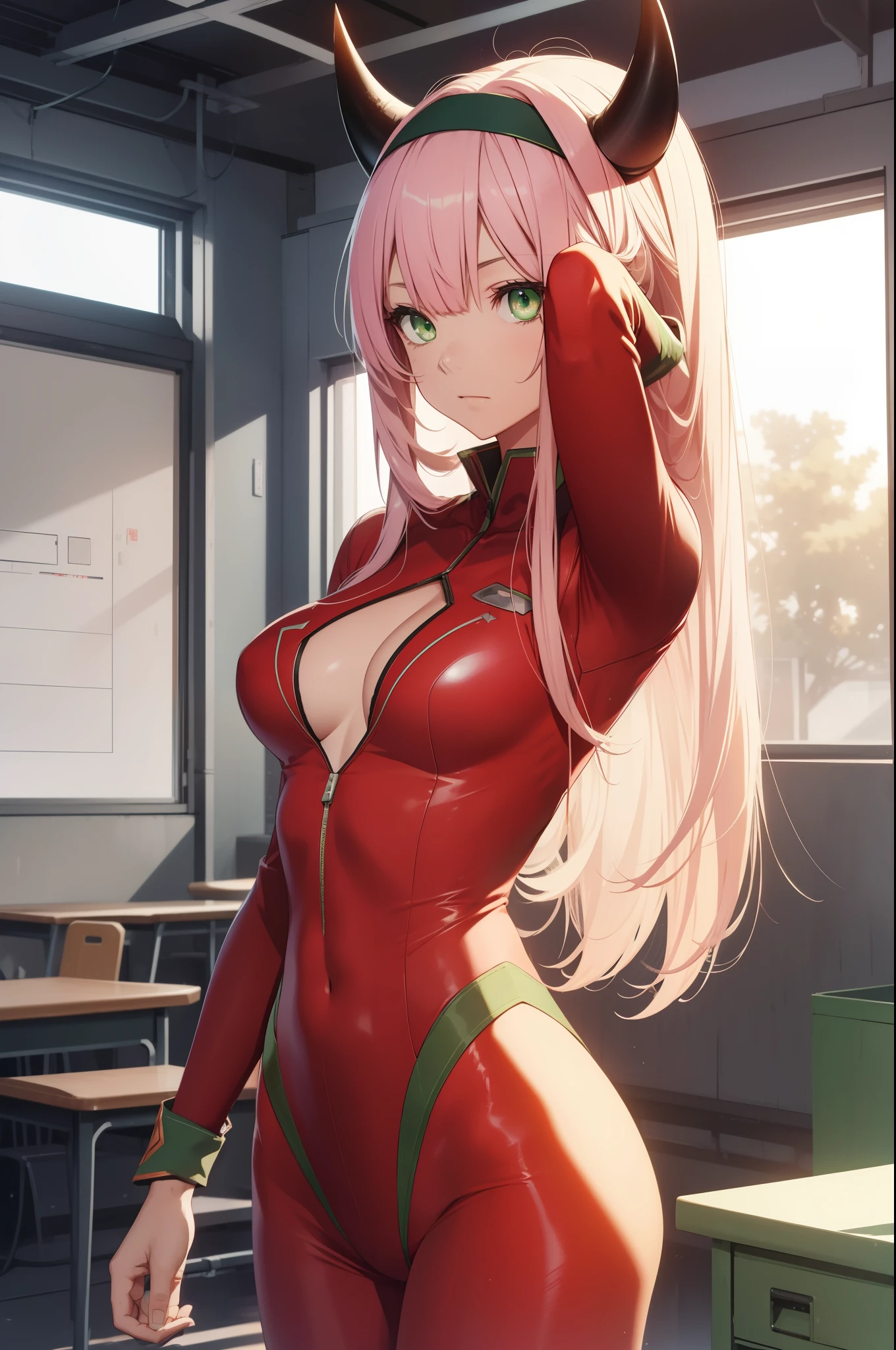 ZeroTwo, Zero Two, (Green eyes:1.5), hairband, Horns, Long hair, pink hair, red horns, white hairband,
BODY BREAK, covered navel, pilot suit, Red Bodysuit, science fiction,
BREAKTHROUGH in the room, Classroom,
BREAK looks at the viewer, BREAK (Masterpiece:1.2), Best Quality, High Resolution, Unity 8k壁纸, (illustartion:0.8), (beautiful detail eyes:1.6), extremely detailed face, perfect  lighting, extremely detailed CGI, (perfect arms, perfect anatomy),