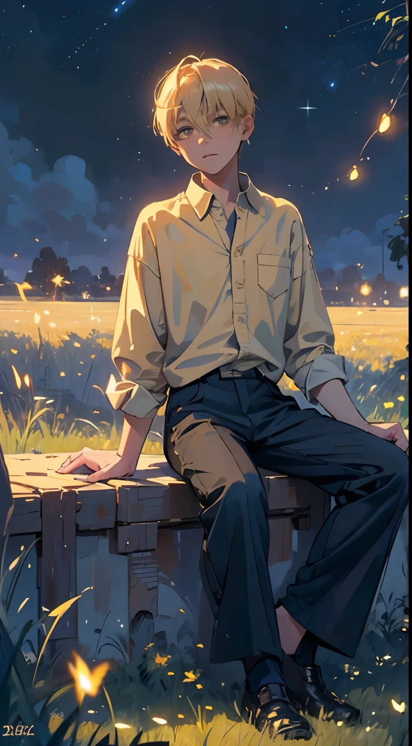 Starry night, field with fireflies, a young men with sad bright eyes, with blonde hair, in oversized shirt and dark trousers, sitting on the grass, watchin the stars,