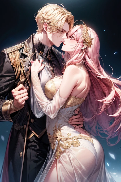 (((1male people:Piercing in the left ear,、((Golden hair))、tall、tall、Tall、a handsome、refreshing、burly)))、(((1female:Pink hair、Long、short、Best style、F-cup、see-through sexy dress、Beautuful Women)))、((((a couple、Flirting))))、{(Best Quality, 8K, masutepiece, nffsw, Soft lighting, image perfect, Digital Illustration, manhwa art, super detailed image, Perfect lines, )}、kiss hair