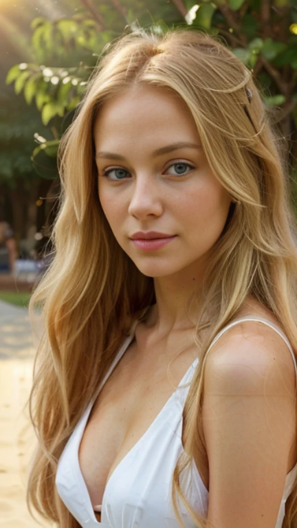 A photorealistic portrait of a 25-year-old American girl with long, flowing blonde hair and striking blue eyes. She should have a natural, approachable expression and be illuminated by soft, golden-hour sunlight. The background should be a scenic outdoor setting, perhaps a sunlit park or beach. Capture this image with a high-resolution photograph using an 85mm lens for a flattering perspective."