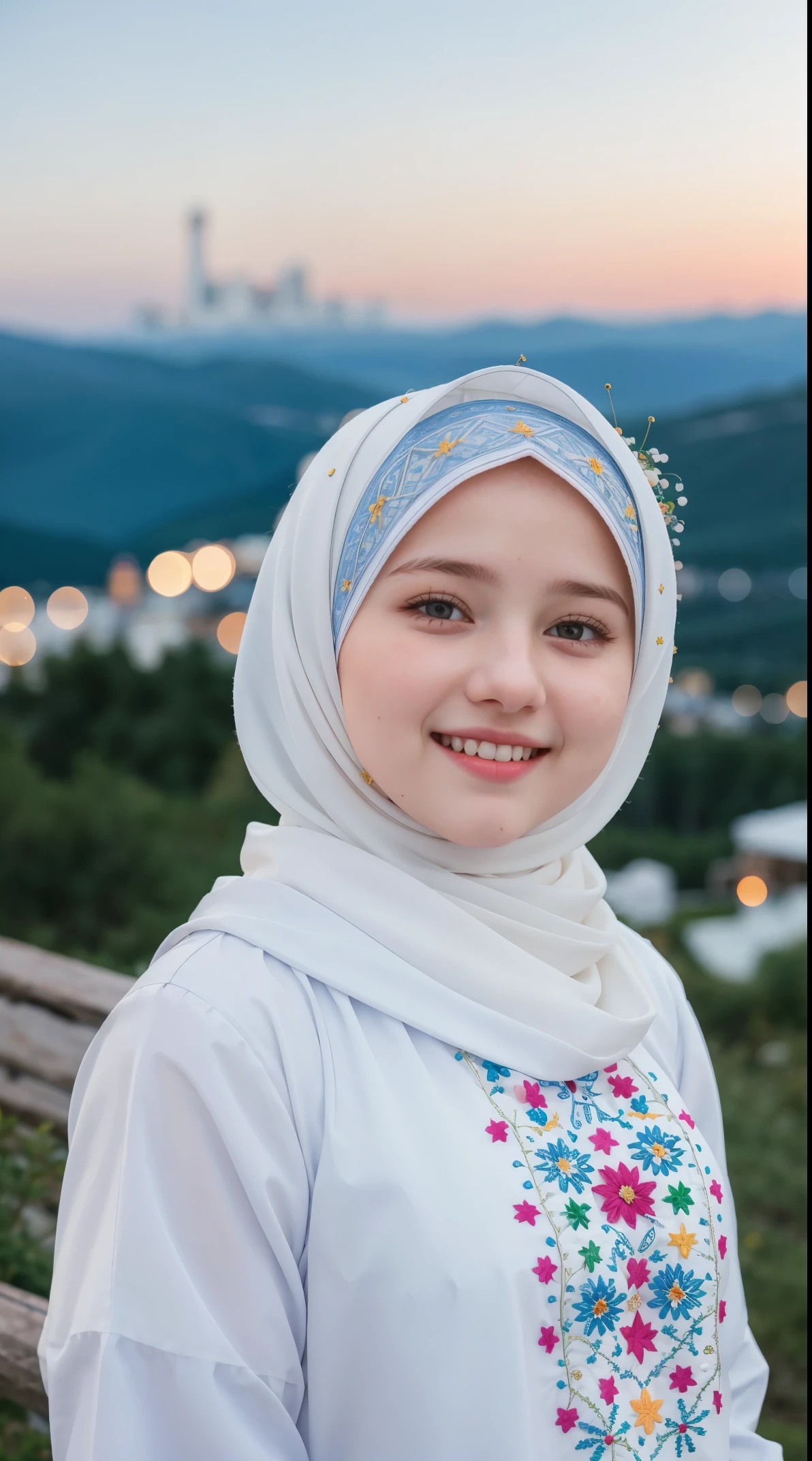 Masterpiece, Adorable, Beautiful, Russian Baby Face, Real 18 Years Old, White Skin, Colourful Hijab Muslim Outfit, Top of The Mountain Background, Wind, Laughing, Round Bokeh, ((bokeh:1.3)), Embroidery Outfit, Say Hi to Viewer, Modeling Makeup, Night Scene, She is So Cute