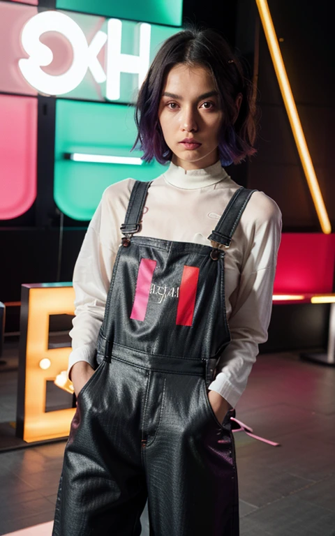 **award winning fashion couture muted flashy colored oversized dungaree with big letter text "ISMA DE HORY" in cool printed shapes --weird 1500 .0 --style raw --video** - --v 6 --s 2