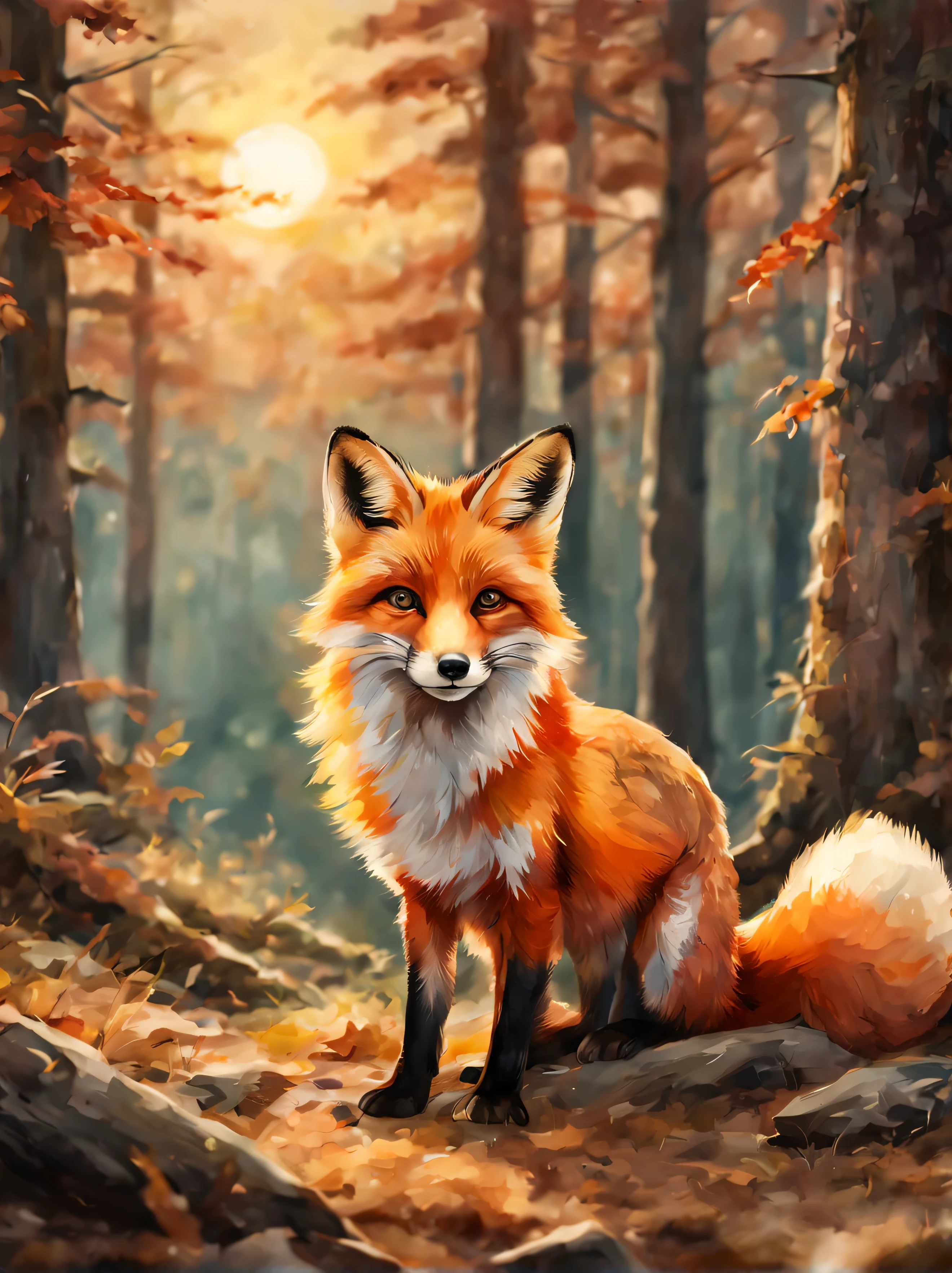 cute fox playing in the woods, detailed face, forest, trees in the background, watercolor style, warm colors, illustration, sunset, detailed, 8k, (best quality, ultra-detailed:1.6)