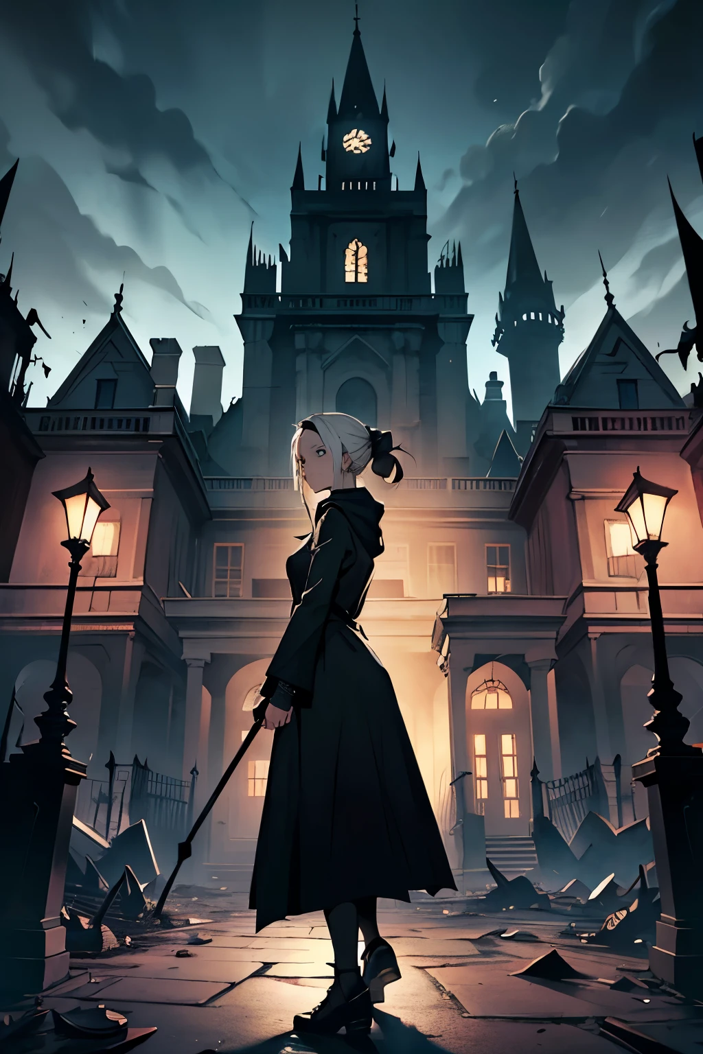 Make a haunted mansion at night. Look of despair. Debris of destruction on the ground. A woman Narcissa Malfoy, with black hair and black clothes, standing, pointing a small wooden stick at a black hooded figure.