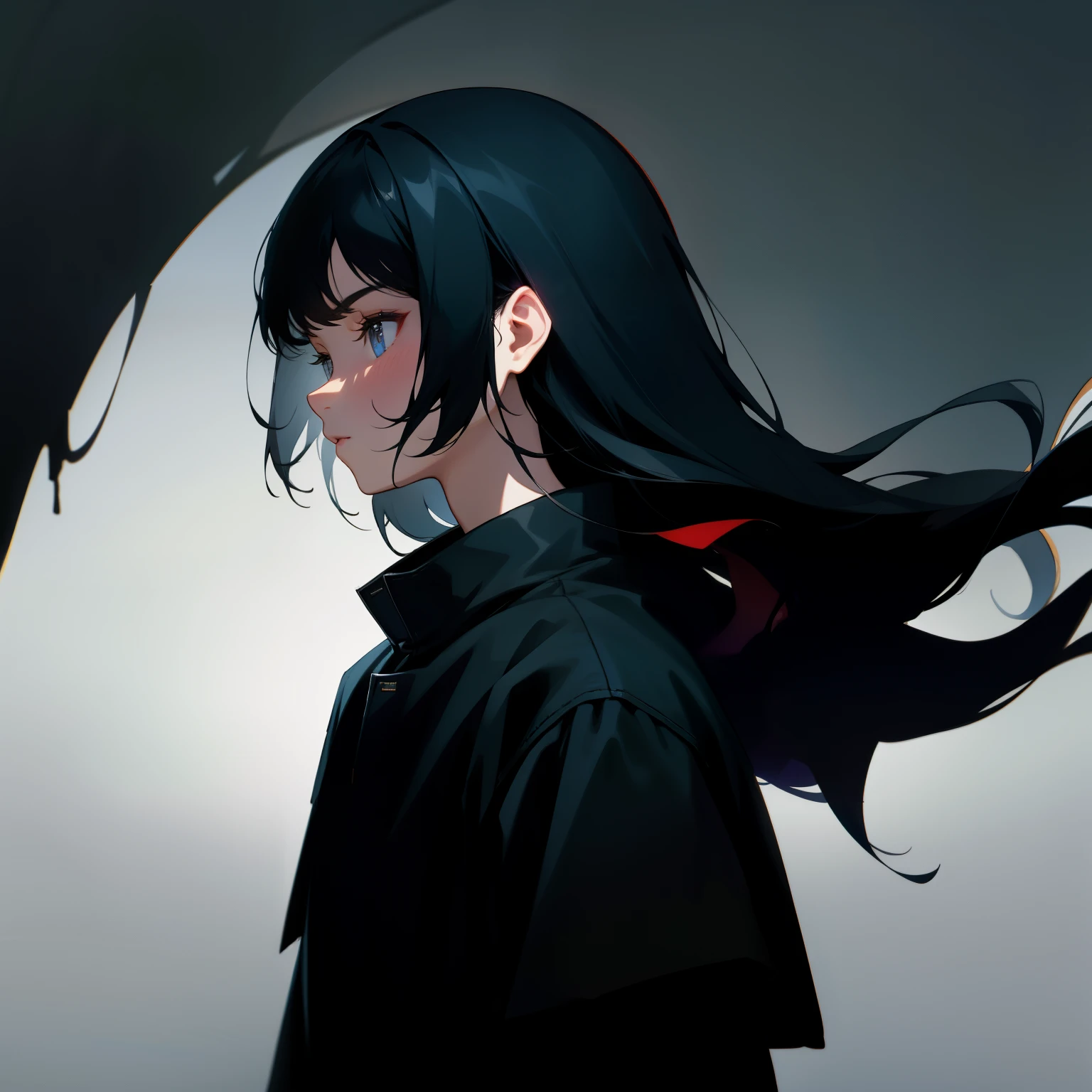 black hair, black clothes, dark background, profile picture