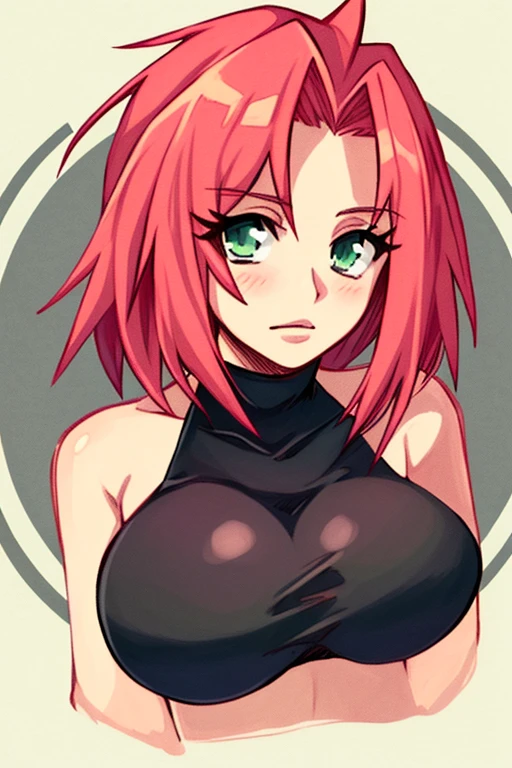 portrait of a cute girl sakura haruno, pink hair, green eyes, red dress, shoulder-length layered cut, slender build, huge breasts, big bust, bra, beautiful woman, mommy