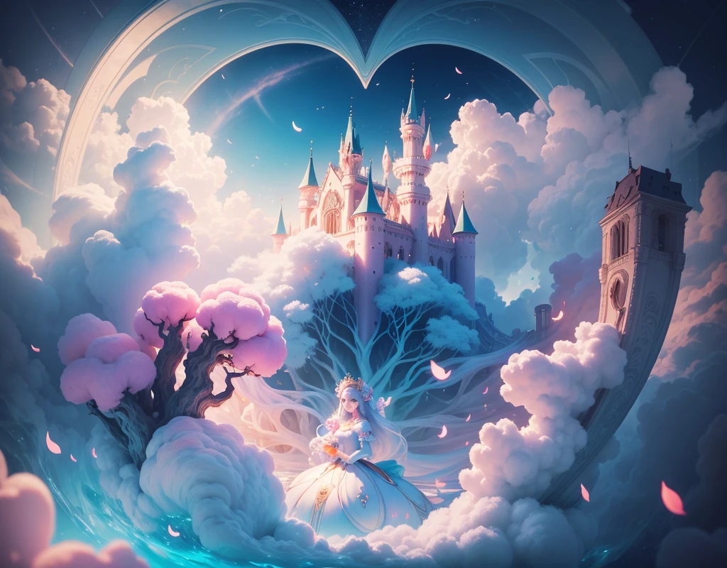 inside a heart shaped bubble a Cotton Candy Queen Women Goddess 8k Resolution Rendered Hyper Realistic Intricate Detail lives in an frosty heart shaped bubble, a fanciful place filled with castles, cotton candy, swans lakes and fluffy clouds, An intricate visual representation of computer programing, rendered in 24k resolution with intricate details and symbols.