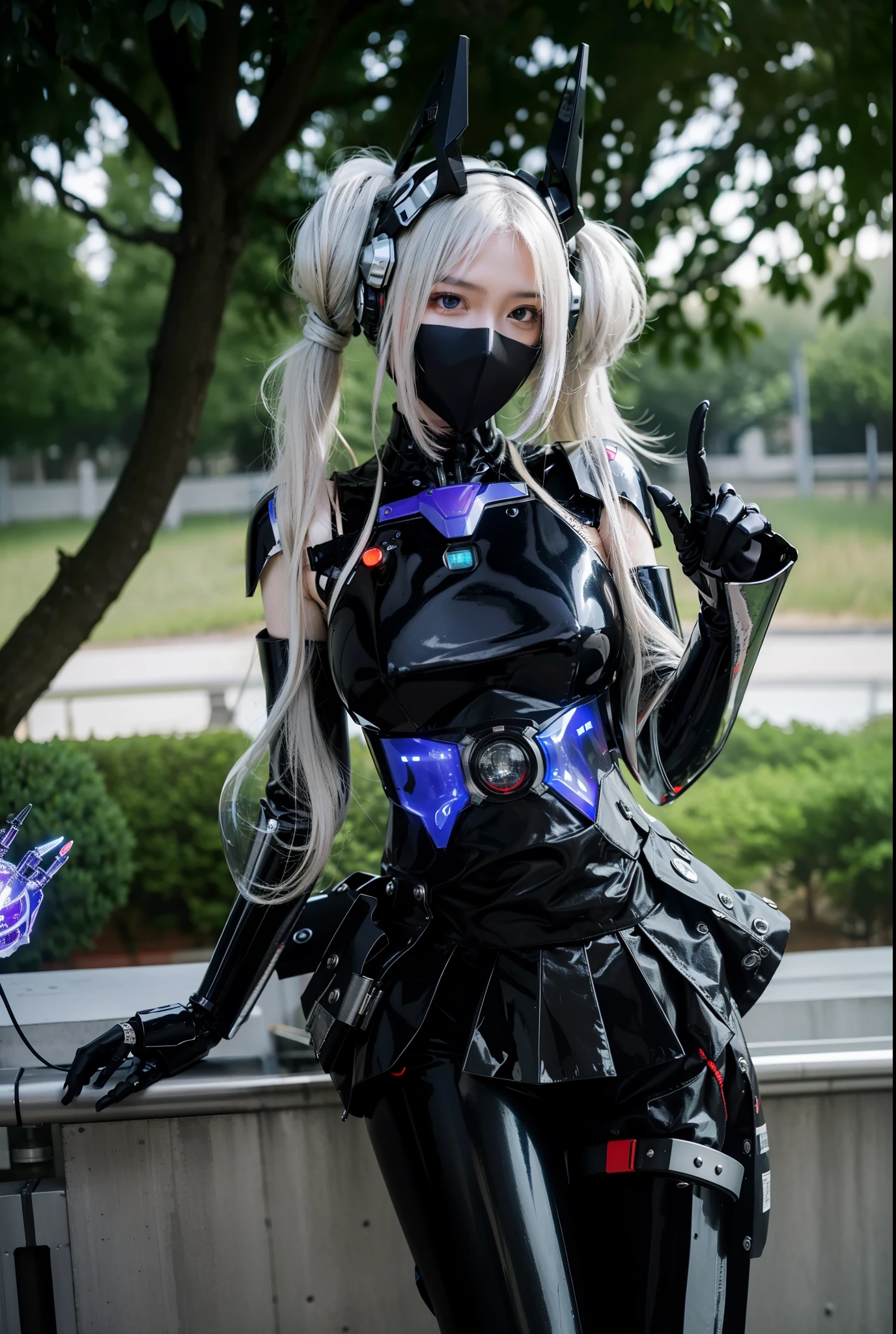 Fantasy cyberpunk world,1 Mechanical Miracle,Robots defend world order;Samurai mechanical armor,Equip transparent weapons,Streamlined black and red design,wearing in black cloak,A big part of a 1-person robot,Art of the highest quality,8K ultra-high resolution,动态照明,cinematic splendor,vibrant with colors,Wearing a cyberpunk space helmet,Luminous mechanical protective mask,Future high-tech tactical helmet,steel armor,cosmic energy reactor,