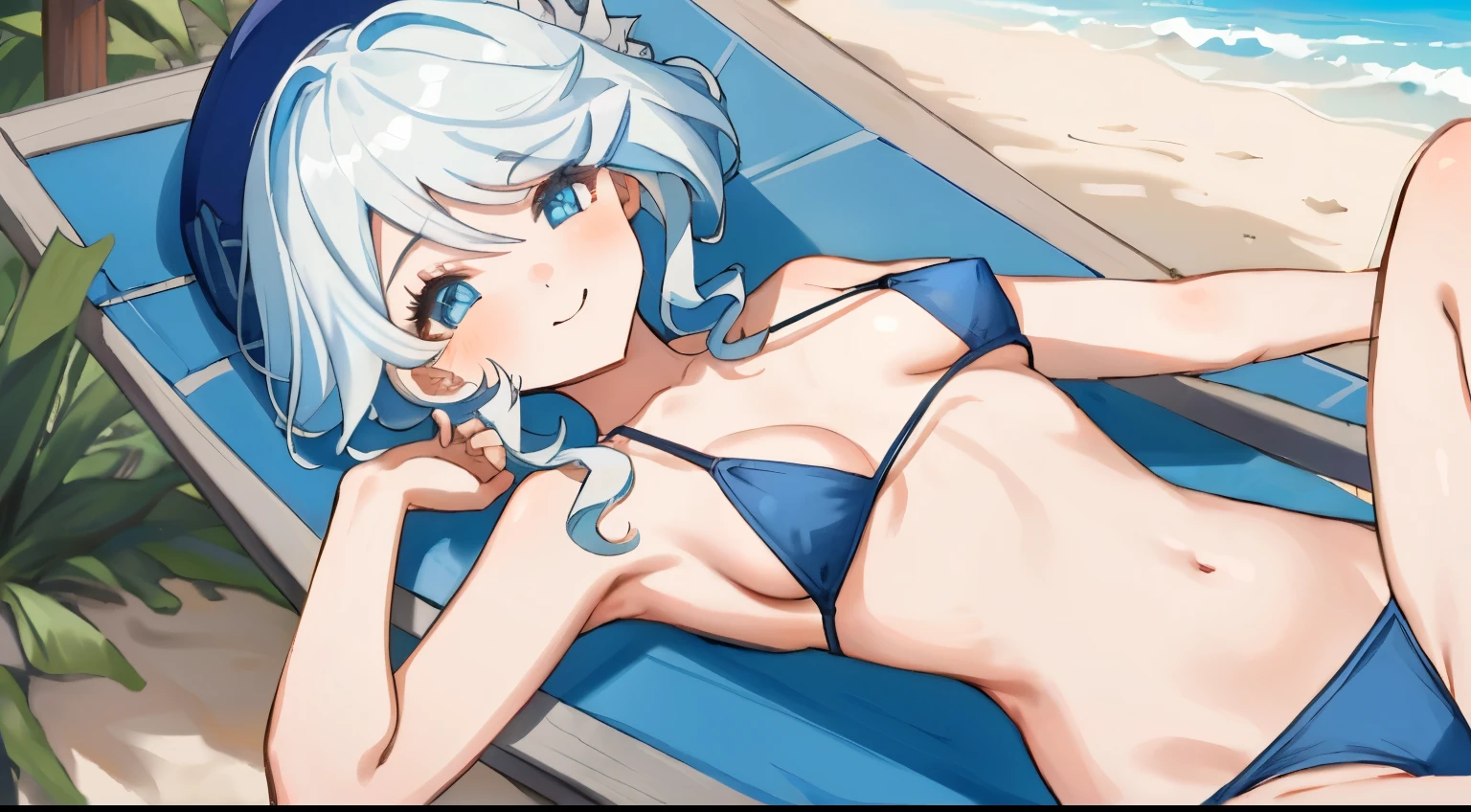 masterpiece, best quality,
1girl, furina (genshin impact), hat, blue eyes, silver hair, solo, symbol-shaped pupils,bangs, cute, (bikini), (((small breasts))), ((lated down)), ((beach)), beach resort, lounge chair, smile, sunshine, high contrast, close up, palmtrees, armpit