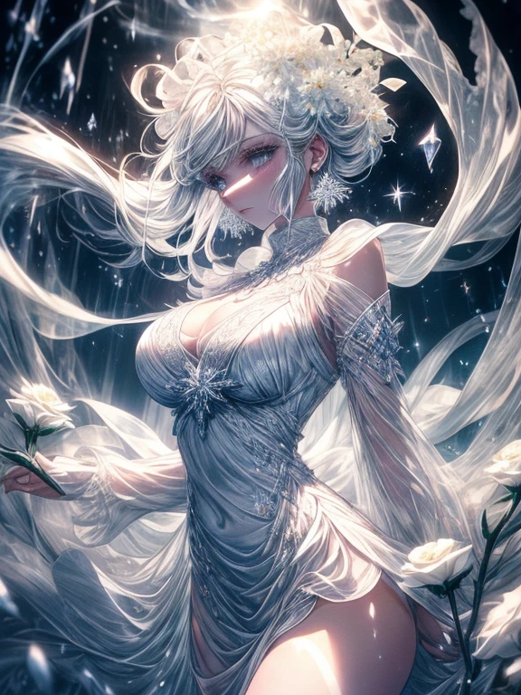 Paradise in Heaven, White lighting,(masutepiece), (Best Quality), (Cinematic), 8K, (art  stations), Li Yue painting style.(長いWhite hairとSilvery eyesを持つ1人の女), (Beautiful delicate face)、[ Particle Lou Full Moon] [Frozen trees々] [landscape crystal] [Lighting] [Ethereal Atmosphere]:1.1] [Fantasy, short story] [soft Lighting] [+Cinematic shot]:1.2 [+art  stations] [+luminous white background] [+soft Lighting] [soft glow] [Creative and dynamic angles]:1.3, [+Crystal Toning] 、masutepiece, ighly detailed, Ultra-detailed, Solo, (pale skin), Silvery eyes, White hair, (snowy background), (snowflake rosen flower:1.0), (shining crystal),, (Snowy ground), (White lashes), Female sexy、dreamy and detailed, Gorgeous setting, 妖しい雰囲気 masutepiece, The most beautiful scenes, An majestic、(((full of white flowers)))、quiet and serene atmosphere、A charming, all white tones,Inside the crystal library,Transparent flowers and falling snow，Many white roses are planted,(flowingwater,falls,water bloom),The decoration is also carefully done.,Dreamy（ighly detailedです，Creative Design，crisp and precise lines，K HD，best qualtiy，tmasterpiece，超hight resolution，4K）、Diverse poses、((beautiful white flower hair ornament))、Beautiful hairstyle、(Best Quality, 4K, 8K, hight resolution, masutepiece:1.2), Ultra-detailed, Detailed expression, Graceful posture, expressive brush strokes, mystic atmosphere, artistic interpretation,Delicate floral jewelry， (((Detailed design、Beautiful lace translucent dress、see-through small dress)))、(SFW:1.5), (Oversized breasts, best body proportions, proportions of large breasts,:1.5),(white decoration on thigh)、((Beautiful crystal accessories on the legs))。((Beautiful crystal accessories on the arm))、(((Design with a wide open chest)))