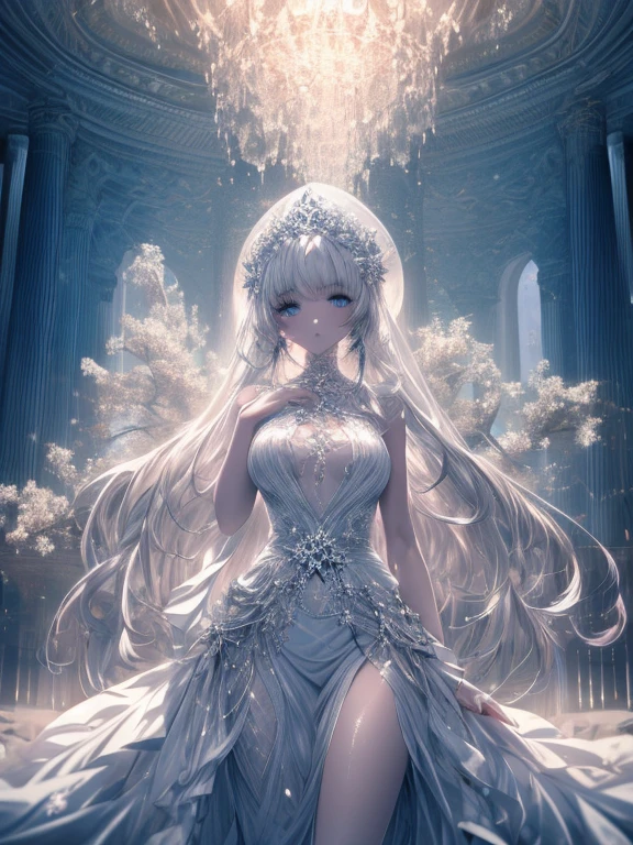 Paradise in Heaven, White lighting,(masutepiece), (Best Quality), (Cinematic), 8K, (art  stations), Li Yue painting style.(長いWhite hairとSilvery eyesを持つ1人の女), (Beautiful delicate face)、[ Particle Lou Full Moon] [Frozen trees々] [landscape crystal] [Lighting] [Ethereal Atmosphere]:1.1] [Fantasy, short story] [soft Lighting] [+Cinematic shot]:1.2 [+art  stations] [+luminous white background] [+soft Lighting] [soft glow] [Creative and dynamic angles]:1.3, [+Crystal Toning] 、masutepiece, ighly detailed, Ultra-detailed, Solo, (pale skin), Silvery eyes, White hair, (snowy background), (snowflake rosen flower:1.0), (shining crystal),, (Snowy ground), (White lashes), Female sexy、dreamy and detailed, Gorgeous setting, 妖しい雰囲気 masutepiece, The most beautiful scenes, An majestic、(((full of white flowers)))、quiet and serene atmosphere、A charming, all white tones,Inside the crystal library,Transparent flowers and falling snow，Many white roses are planted,(flowingwater,falls,water bloom),The decoration is also carefully done.,Dreamy（ighly detailedです，Creative Design，crisp and precise lines，K HD，best qualtiy，tmasterpiece，超hight resolution，4K）、Diverse poses、((beautiful white flower hair ornament))、Beautiful hairstyle、(Best Quality, 4K, 8K, hight resolution, masutepiece:1.2), Ultra-detailed, Detailed expression, Graceful posture, expressive brush strokes, mystic atmosphere, artistic interpretation,Delicate floral jewelry， (((Detailed design、Beautiful lace translucent dress、see-through small dress)))、(SFW:1.5), (Oversized breasts, best body proportions, proportions of large breasts,:1.5),(white decoration on thigh)、((Beautiful crystal accessories on the legs))。((Beautiful crystal accessories on the arm))、(((Design with a wide open chest)))