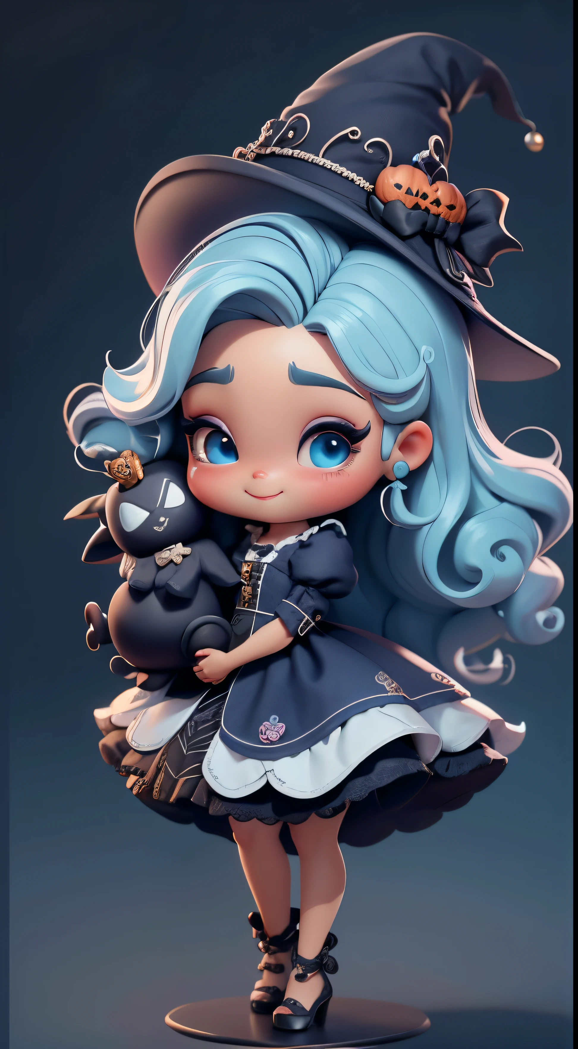 Create a series of cute chibi afro dread style dolls with a cute halloween theme, each with lots of detail and in an 8K resolution. All dolls should follow the same solid background pattern and be complete in the image, mostrando o (corpo inteiro, incluindo as pernas: 1.5)
Boneca Mini halloween: Chame-a de Marina. Ela deve ter cabelos pequenos em preto e azul pastel. Seus olhos devem ser grandes e expressivos, with long eyelashes and rosy cheeks. Sorriso delicado e branco. Marina deve estar vestida de vestido, an ornate hat. She should bring halloween accessories. Certifique-se de adicionar detalhes nas roupas, such as buttons and pockets, sapato bonito
Certifique-se de adicionar sombras, texturas e detalhes nos cabelos, roupas, Halloween utensils, to make them even more adorable and charming.