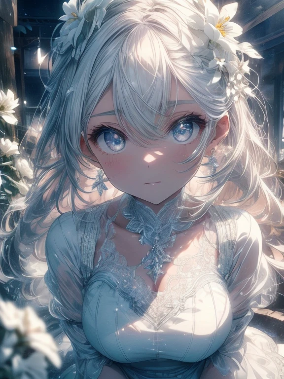 Paradise in Heaven, White lighting,(masutepiece), (Best Quality), (Cinematic), 8K, (art  stations), Li Yue painting style.(長いWhite hairとSilvery eyesを持つ1人の女), (Beautiful delicate face)、[ Particle Lou Full Moon] [Frozen trees々] [landscape crystal] [Lighting] [Ethereal Atmosphere]:1.1] [Fantasy, short story] [soft Lighting] [+Cinematic shot]:1.2 [+art  stations] [+luminous white background] [+soft Lighting] [soft glow] [Creative and dynamic angles]:1.3, [+Crystal Toning] 、masutepiece, ighly detailed, Ultra-detailed, Solo, (pale skin), Silvery eyes, White hair, (snowy background), (snowflake rosen flower:1.0), (shining crystal),, (Snowy ground), (White lashes), Female sexy、dreamy and detailed, Gorgeous setting, 妖しい雰囲気 masutepiece, The most beautiful scenes, An majestic、(((full of white flowers)))、quiet and serene atmosphere、A charming, all white tones,Inside the crystal library,Transparent flowers and falling snow，Many white roses are planted,(flowingwater,falls,water bloom),The decoration is also carefully done.,Dreamy（ighly detailedです，Creative Design，crisp and precise lines，K HD，best qualtiy，tmasterpiece，超hight resolution，4K）、Diverse poses、((beautiful white flower hair ornament))、Beautiful hairstyle、(Best Quality, 4K, 8K, hight resolution, masutepiece:1.2), Ultra-detailed, Detailed expression, Graceful posture, expressive brush strokes, mystic atmosphere, artistic interpretation,Delicate floral jewelry， (((Detailed design、Beautiful lace translucent dress、see-through small dress)))、(SFW:1.5), (Oversized breasts, best body proportions, proportions of large breasts,:1.5),(white decoration on thigh)、((Beautiful crystal accessories on the legs))。((Beautiful crystal accessories on the arm))、(((Design with a wide open chest)))