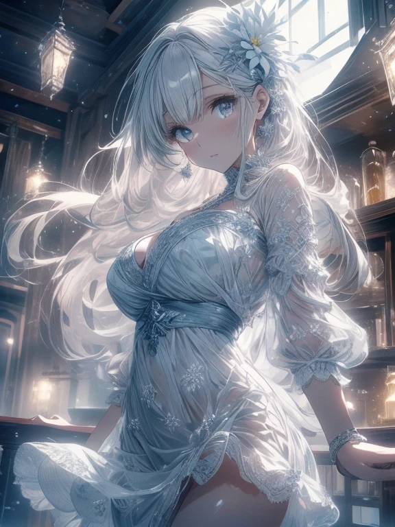 Paradise in Heaven, White lighting,(masutepiece), (Best Quality), (Cinematic), 8K, (art  stations), Li Yue painting style.(長いWhite hairとSilvery eyesを持つ1人の女), (Beautiful delicate face)、[ Particle Lou Full Moon] [Frozen trees々] [landscape crystal] [Lighting] [Ethereal Atmosphere]:1.1] [Fantasy, short story] [soft Lighting] [+Cinematic shot]:1.2 [+art  stations] [+luminous white background] [+soft Lighting] [soft glow] [Creative and dynamic angles]:1.3, [+Crystal Toning] 、masutepiece, ighly detailed, Ultra-detailed, Solo, (pale skin), Silvery eyes, White hair, (snowy background), (snowflake rosen flower:1.0), (shining crystal),, (Snowy ground), (White lashes), Female sexy、dreamy and detailed, Gorgeous setting, 妖しい雰囲気 masutepiece, The most beautiful scenes, An majestic、(((full of white flowers)))、quiet and serene atmosphere、A charming, all white tones,Inside the crystal library,Transparent flowers and falling snow，Many white roses are planted,(flowingwater,falls,water bloom),The decoration is also carefully done.,Dreamy（ighly detailedです，Creative Design，crisp and precise lines，K HD，best qualtiy，tmasterpiece，超hight resolution，4K）、Diverse poses、((beautiful white flower hair ornament))、Beautiful hairstyle、(Best Quality, 4K, 8K, hight resolution, masutepiece:1.2), Ultra-detailed, Detailed expression, Graceful posture, expressive brush strokes, mystic atmosphere, artistic interpretation,Delicate floral jewelry， (((Detailed design、Beautiful lace translucent dress、see-through small dress)))、(SFW:1.5), (Oversized breasts, best body proportions, proportions of large breasts,:1.5),(white decoration on thigh)、((Beautiful crystal accessories on the legs))。((Beautiful crystal accessories on the arm))、(((Design with a wide open chest)))