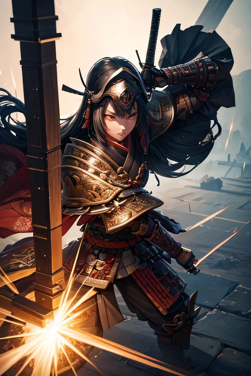 1girl, ancient shogun warrior, heavy ancient shogun armor, wielding a katana, combat stance, mean look, highly detailed, vibrant appearance, creative behavior, extremly detailed, imaginative, , spontaneous, highest quality, skin texture, intricate details, (cinematic lighting), RAW photo, 8k, masterpiece,best quality,ultra-detailed,very detailed illustrations,extremely detailed,intricate details,highres,super complex details,extremely detailed 8k cg wallpaper,